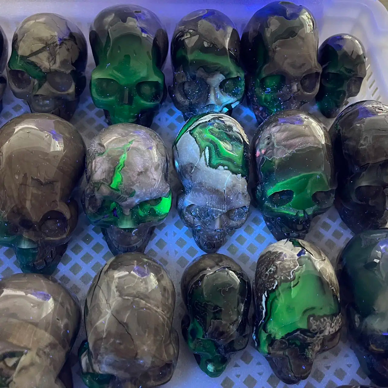 1PC Natural Volcanic Agate Green Flame Hand Carved Skull Quartz Crystal - Reiki Healing Stone, Spiritual Decor for Home, Office, Meditation & Yoga Space