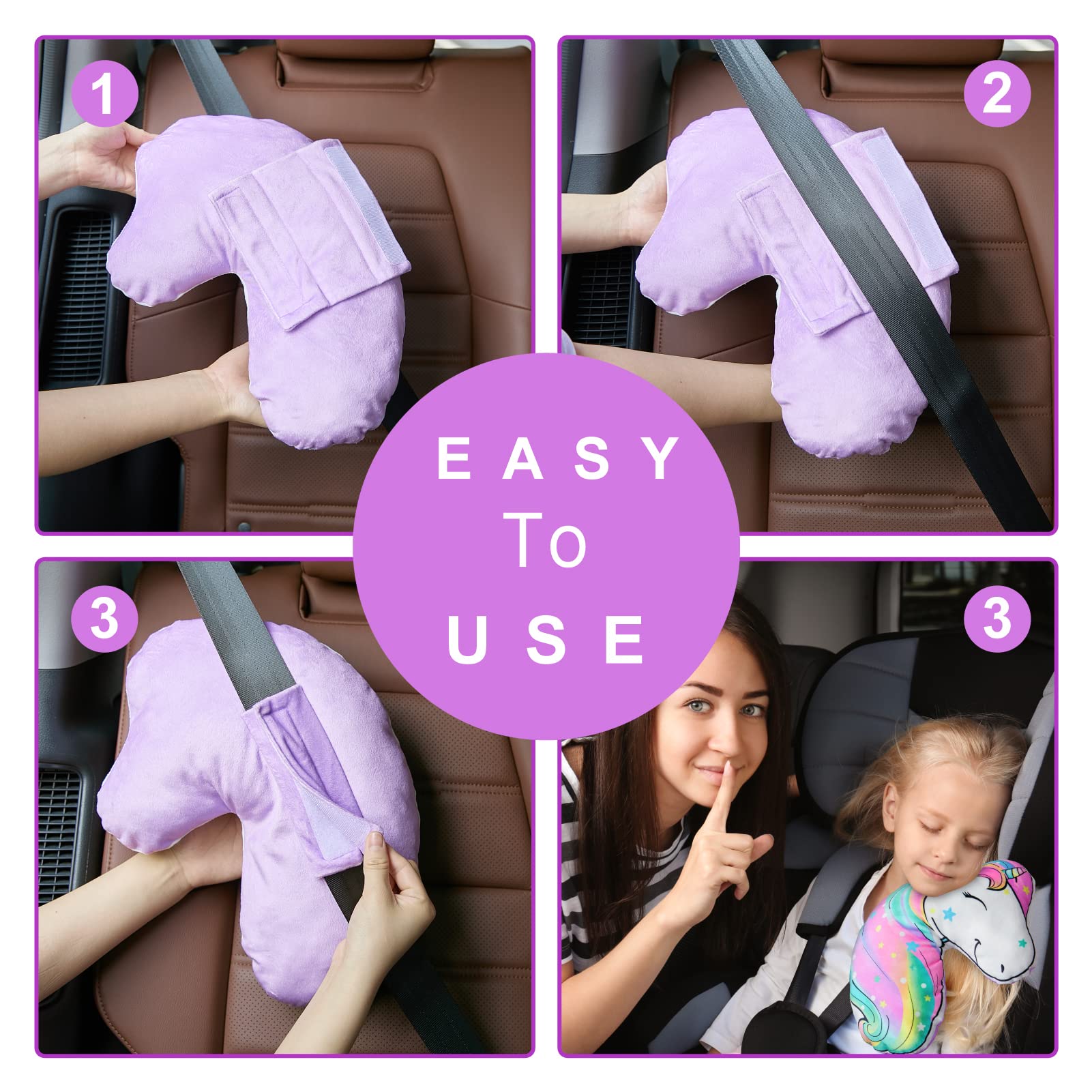 FIODAY Unicorn Seat Belt Cover Pad for Kids - Soft Car Seat Belt Pillow, Toddler Travel Strap Pad with Neck Support for Girls & Boys (Rainbow) - Perfect for Long Road Trips & Airplane Travel