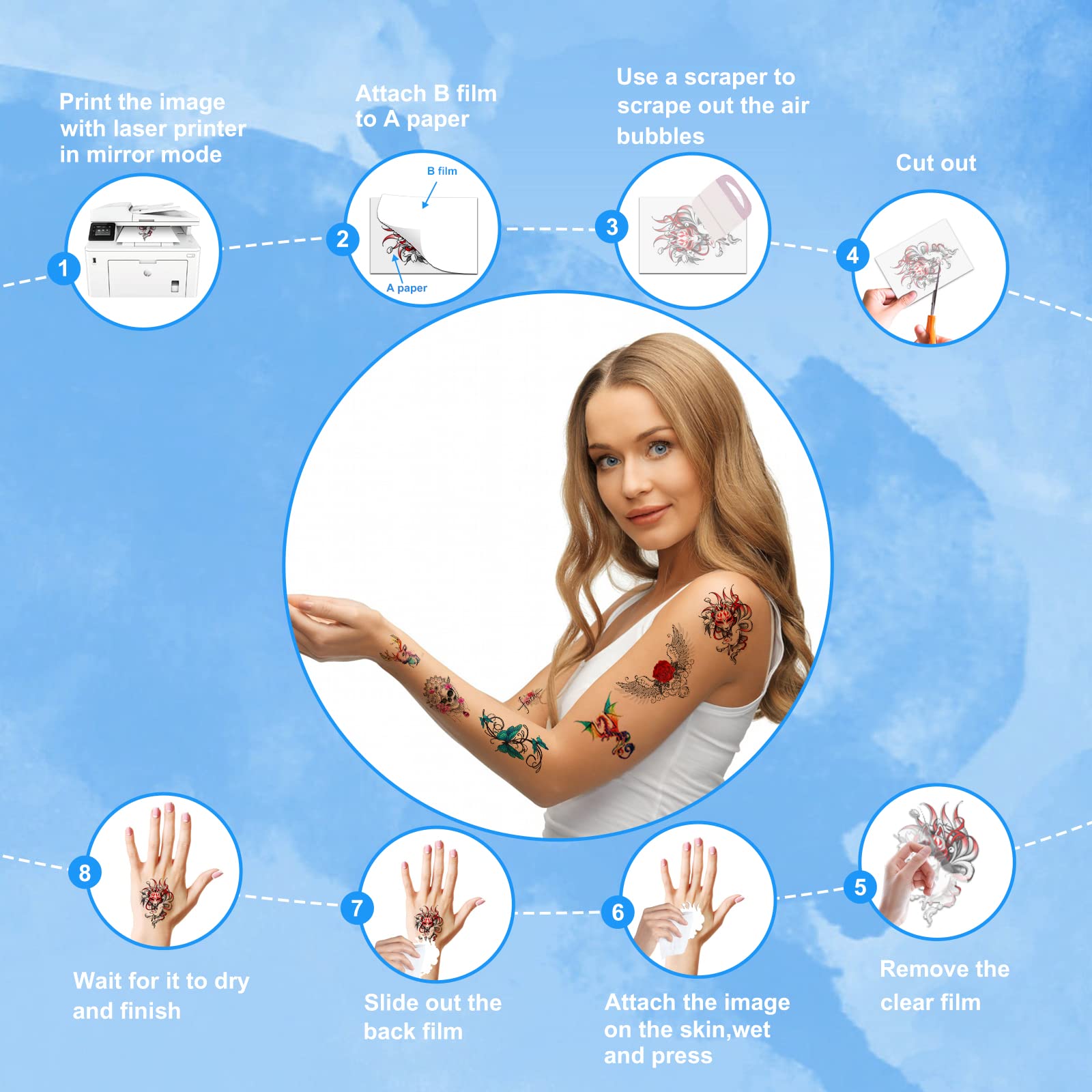 MECOLOUR Printable Temporary Tattoo Paper for LASER Printer - 8.5