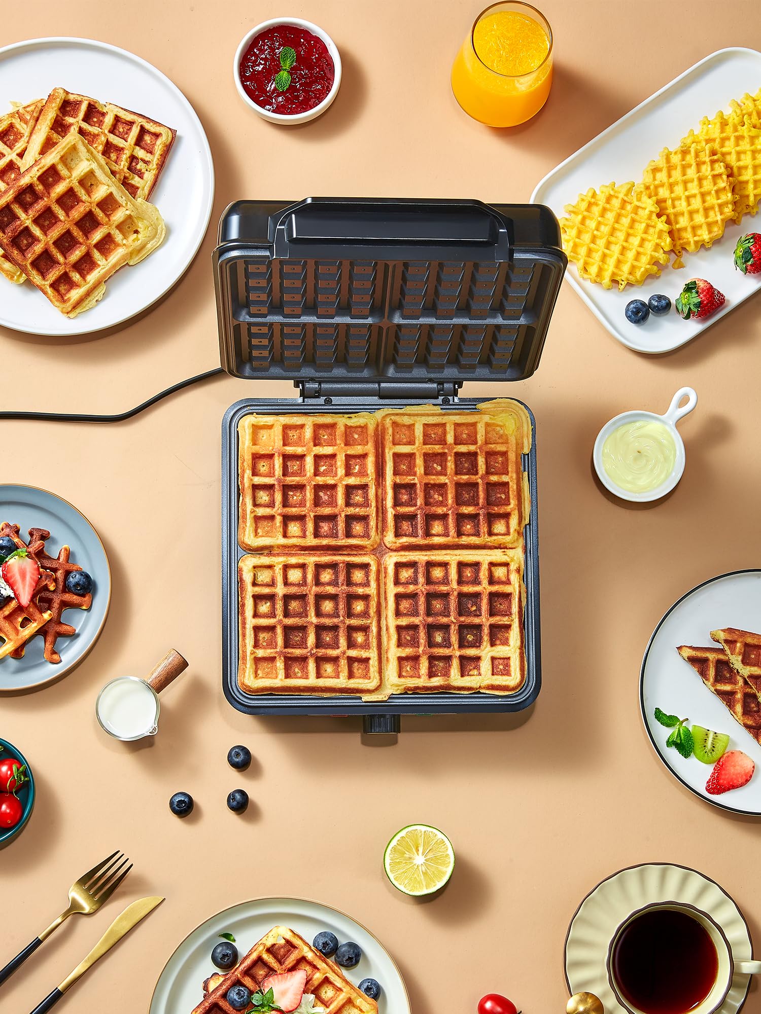 Premium Belgian Waffle Maker 4-Slice 1200W - Adjustable Browning Control, Non-Stick Plates, Anti-Overflow Design with Indicator Lights (Silver/Black) - Perfect for Breakfast, Brunch, and Family Gatherings