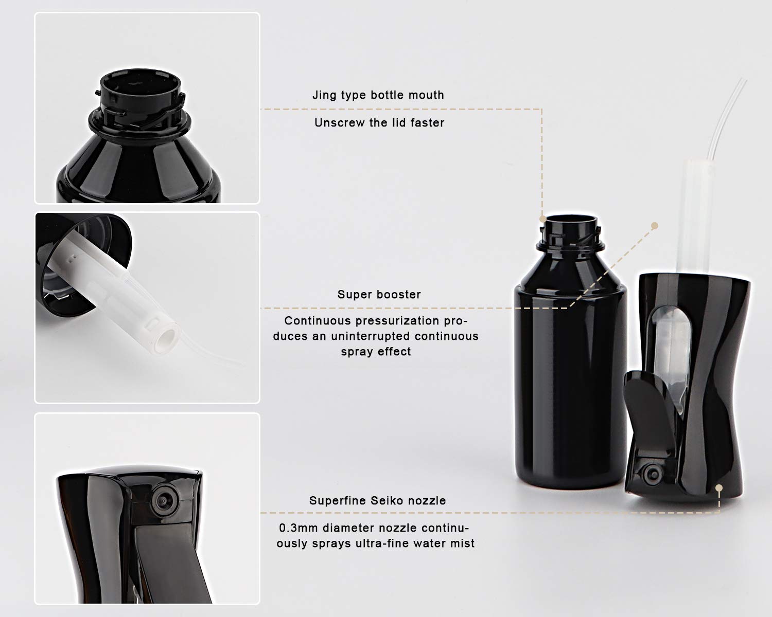Uceoo 6.8oz (200ml) Black Fine Continuous Mist Spray Bottle - Hair Mister for Curly Hair & Hairstyling, Plant Watering Sprayer for Indoor Plants - Perfect for Salon Styling, Frizz Control & Garden Care
