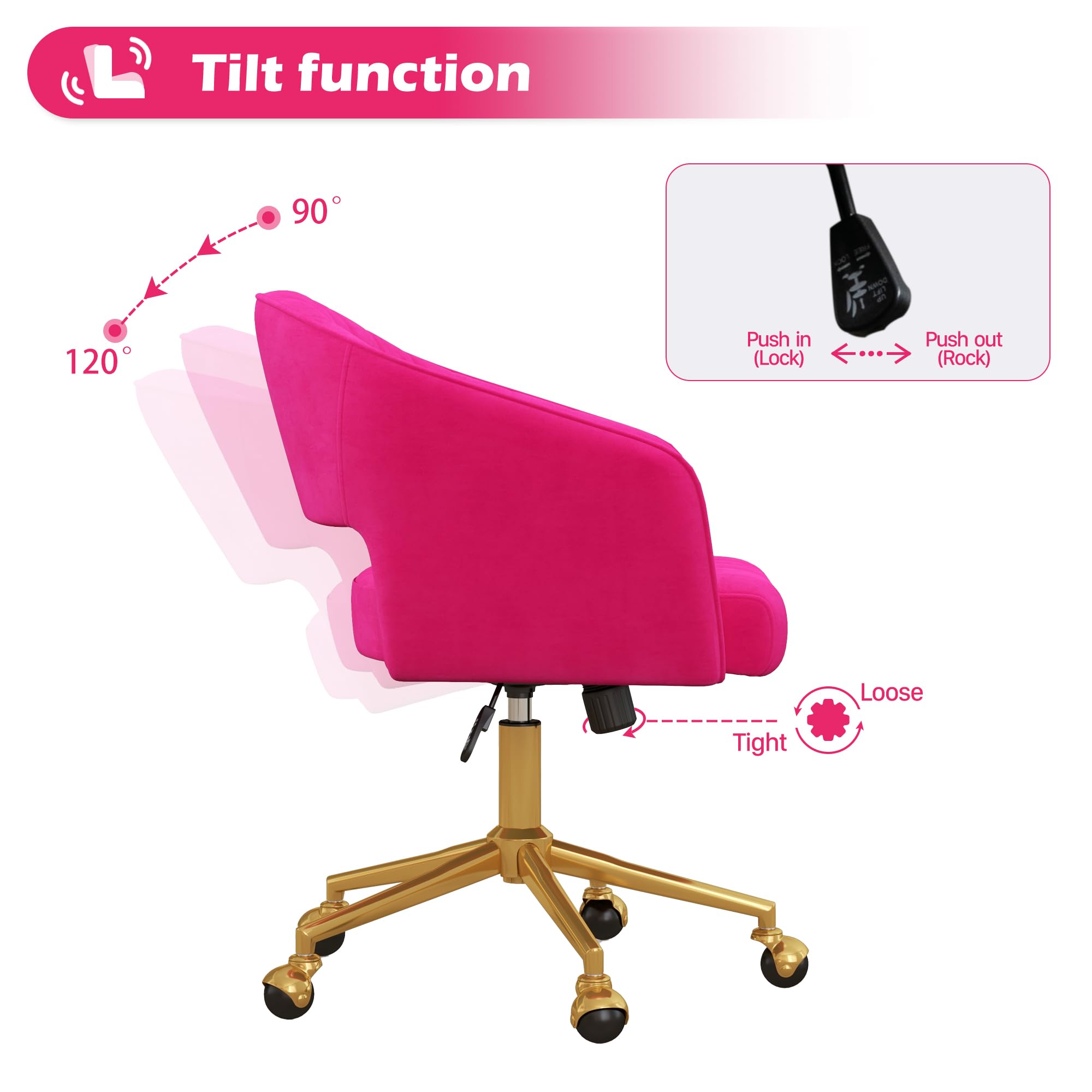 Luxury Velvet Swivel Office Chair with Gold Base - Ergonomic Tufted Desk Chair for Women & Girls, Modern Accent Armchair for Home Office, Study, Computer Work & Living Room (Hot Pink) - Comfortable & Stylish Seating Solution