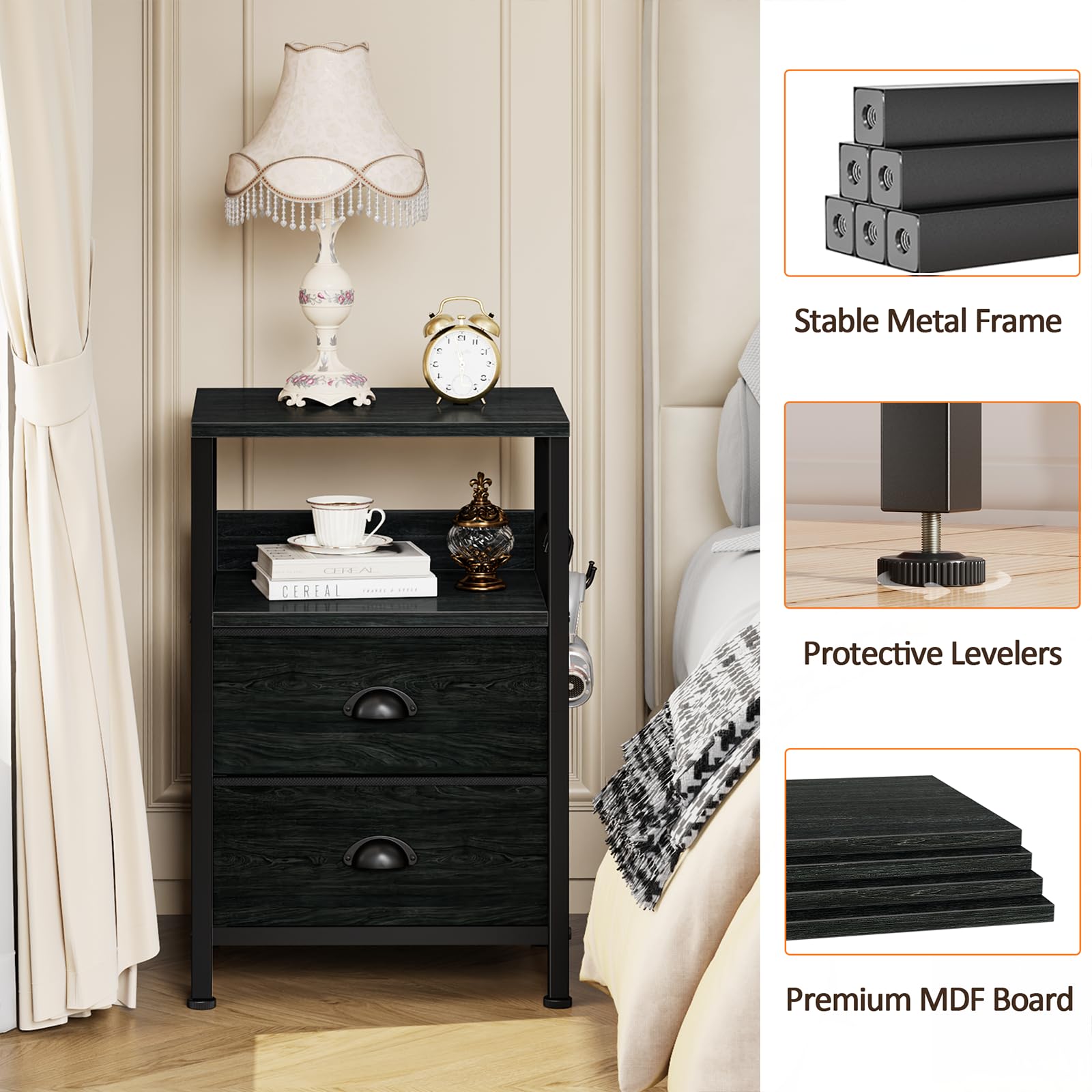 Furologee Nightstand Set of 2 - Modern End Tables with 2 Fabric Drawers, Bedside Tables with Hooks & Shelf - Black Oak Finish for Bedroom, Living Room, Study | Perfect for Small Spaces & Apartment Decor