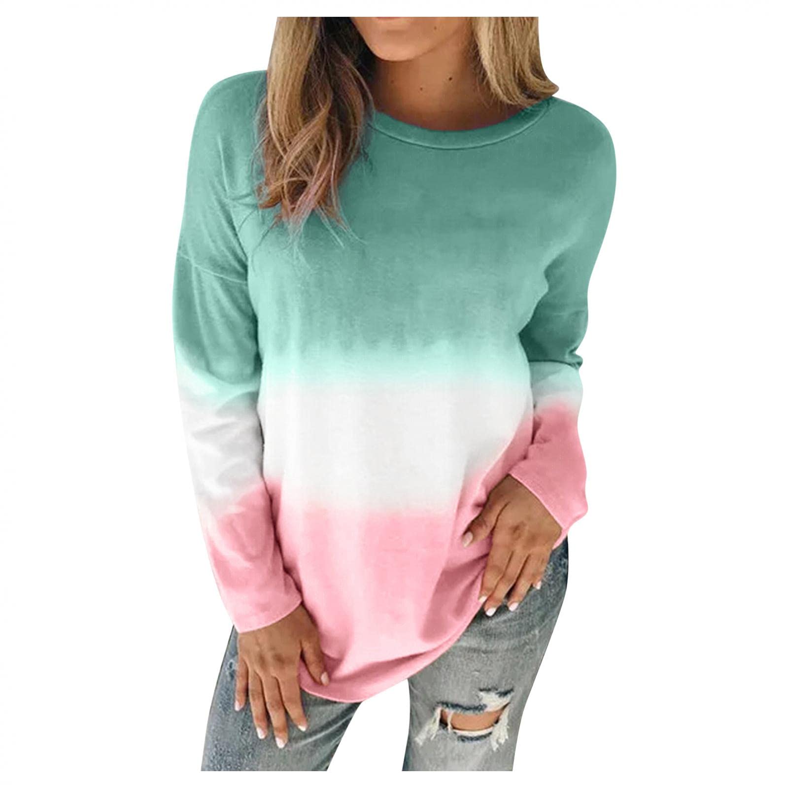 VISLINDU Women's Long Sleeve Tunic Tops - Tie Dye Gradient Pullover Shirts, Fashion Casual Blouses & Tee Shirts for Everyday Wear, Work, and Date Nights