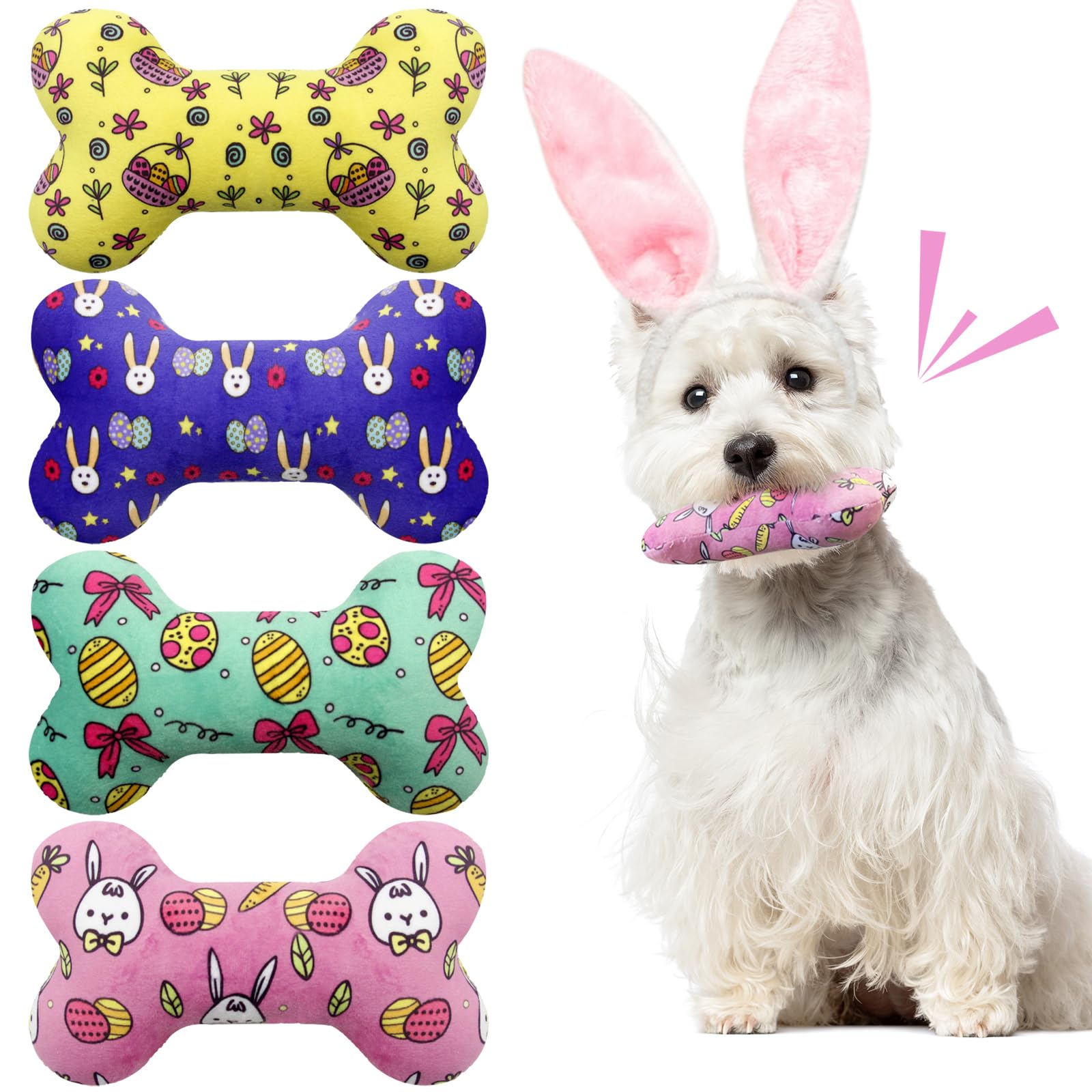 Easter Dog Toys 4 Pack - Plush Squeaky Bone Chew Toys for Small & Medium Dogs - Interactive Pet Gifts for Easter Basket & Spring Playtime
