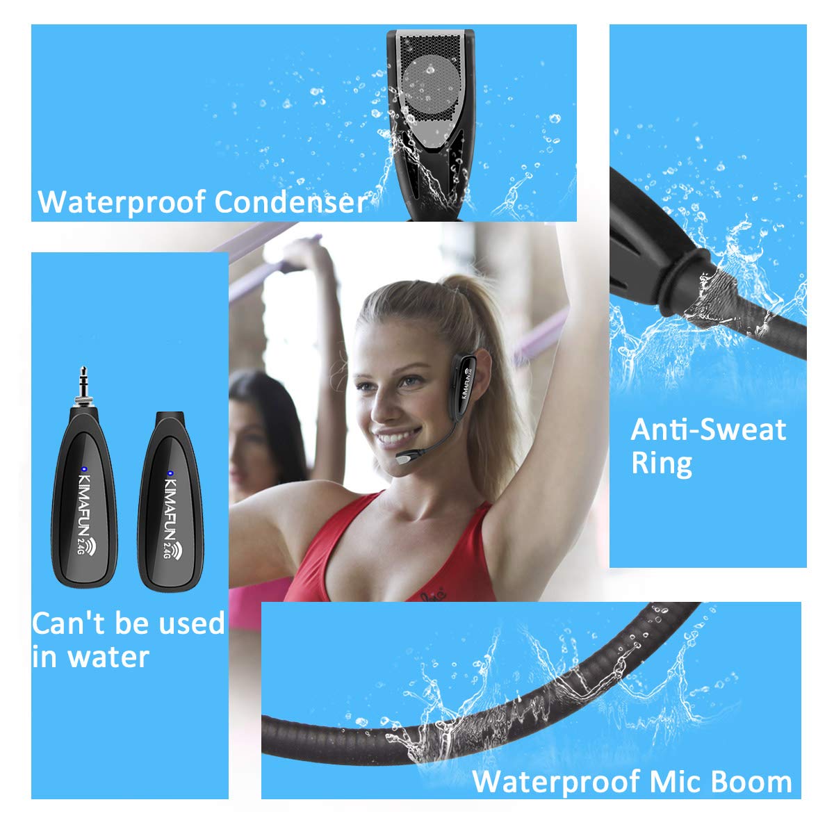 KIMAFUN Wireless Headset Microphone System - No Bluetooth Needed, Waterproof Head Mic for Fitness Instructors, Online Teaching, Yoga Classes, Spinning Coaches & Public Speakers | Compatible with iPhone & Android Phones (Model G100-1) | Perfect for Gym Sessions, Virtual Lessons & Live Presentations