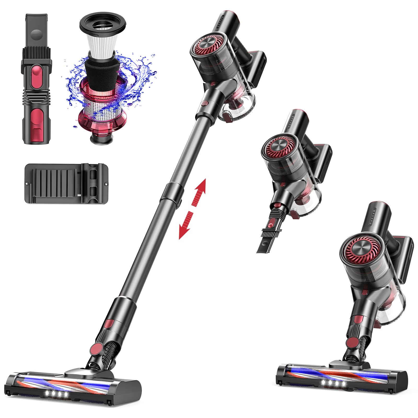 Cordless Vacuum Cleaner for Home with High-Speed Brushless Motor | 2600mAh Detachable Battery | 40 Min Runtime | 5-Stage HEPA Filtration (Gray/Red) - Perfect for Pet Hair, Hard Floors & Car Cleaning