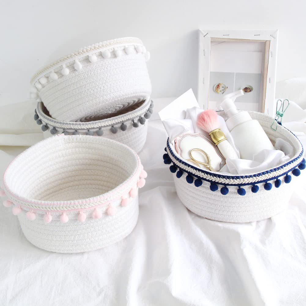 PHEZEN Cotton Rope Storage Baskets - Small Woven Decorative Bins for Toys, Snacks, Clothes, Cosmetics, Fruits & Books - Boho Chic Home Organization (20.5cm x 9.5cm) - Perfect for Nursery, Bathroom, Living Room & Bedroom Storage