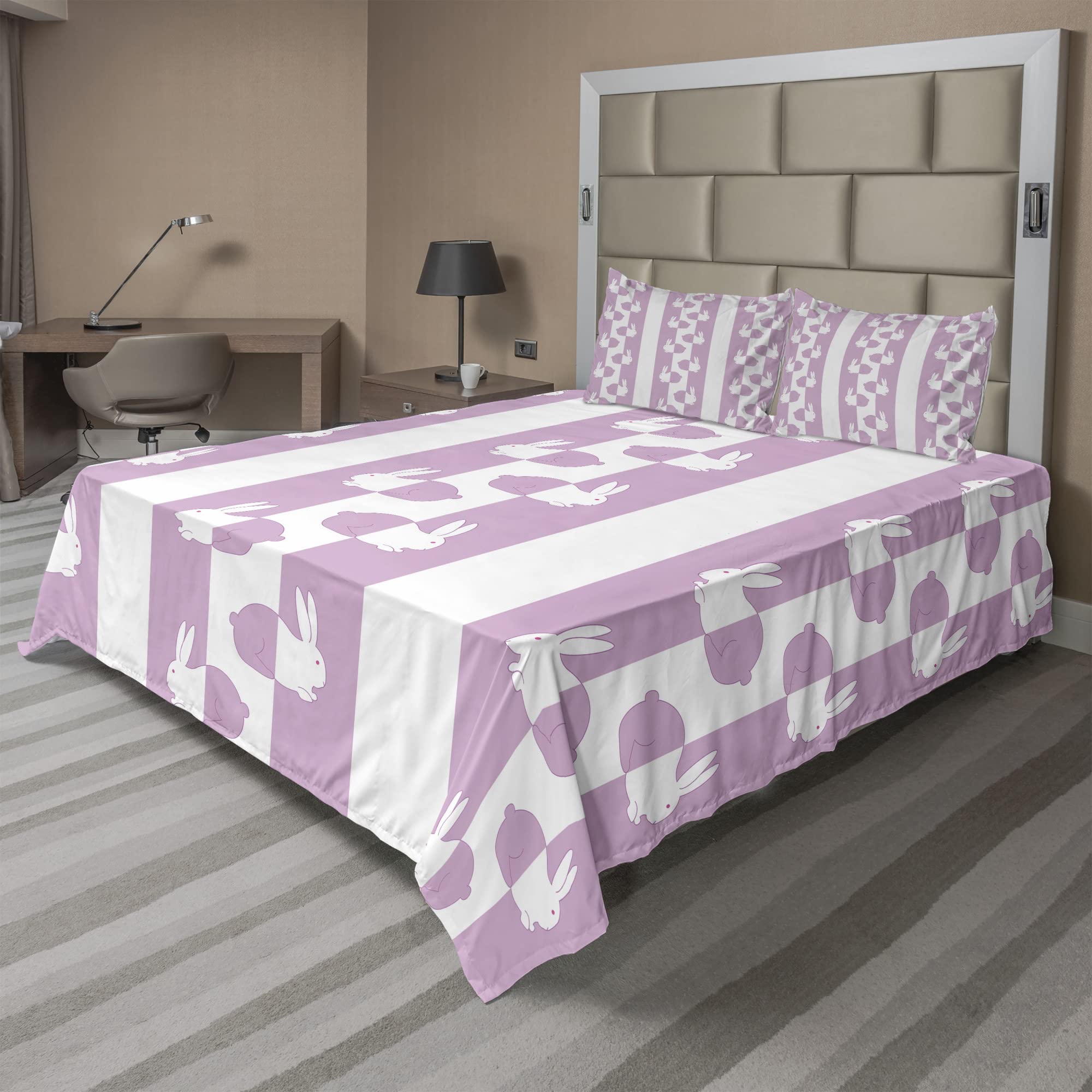 Ambesonne Easter Bunny Rabbit Bed Sheet Set - 4 Piece King Size, Pastel Pink & White Animal Design, Fitted & Flat Sheets with Pillowcases - Perfect for Spring Decor, Girls' Room, Holiday Bedding & Easter Gift