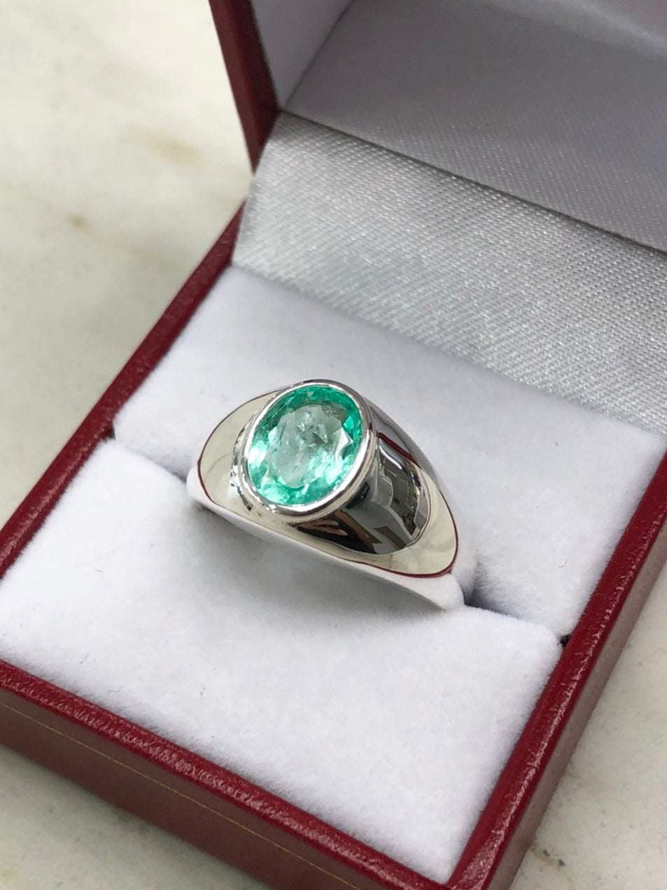 1.85 Carat Genuine Emerald Men's Solitaire Oval Signet Ring in Sterling Silver Bezel Setting - Perfect for Weddings, Engagements & Special Occasions
