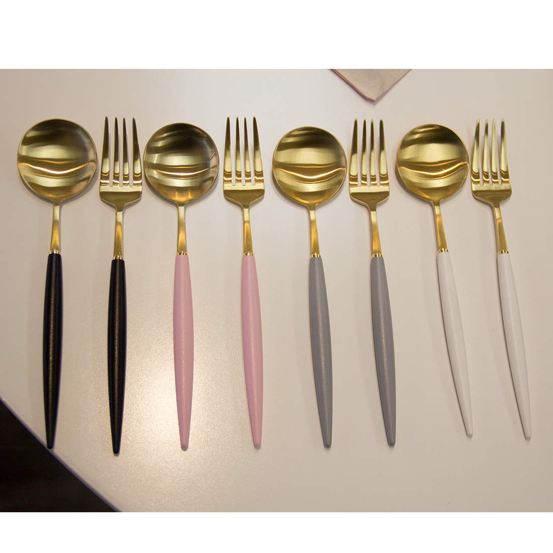 Premium 18/10 Stainless Steel Flatware Set - 4-Piece Bogen Eiffel Dinnerware Cutlery with 2 Soup Spoons & 2 Dessert Forks (Gold/Grey Matte Polycarbonate) - Elegant Tableware for Fine Dining, Wedding Gifts & Home Entertaining