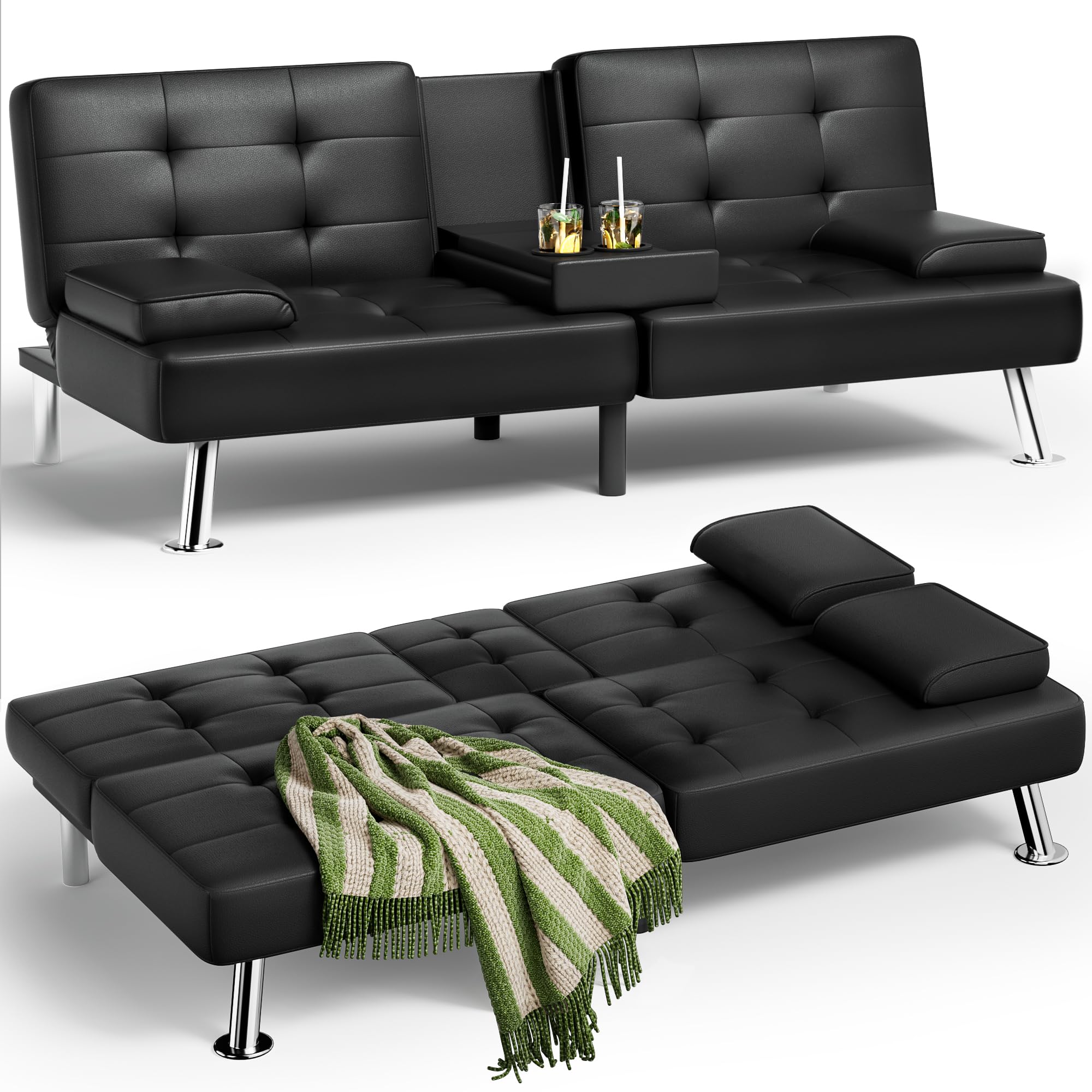 Homall Leather Futon Sofa Bed - Adjustable Recliner Sleeper Couch with Removable Armrests & Dual Cup Holders, Black | Perfect for Small Spaces, Living Rooms, Apartments & Offices | Multi-Functional Furniture for Lounging, Sleeping & Entertaining