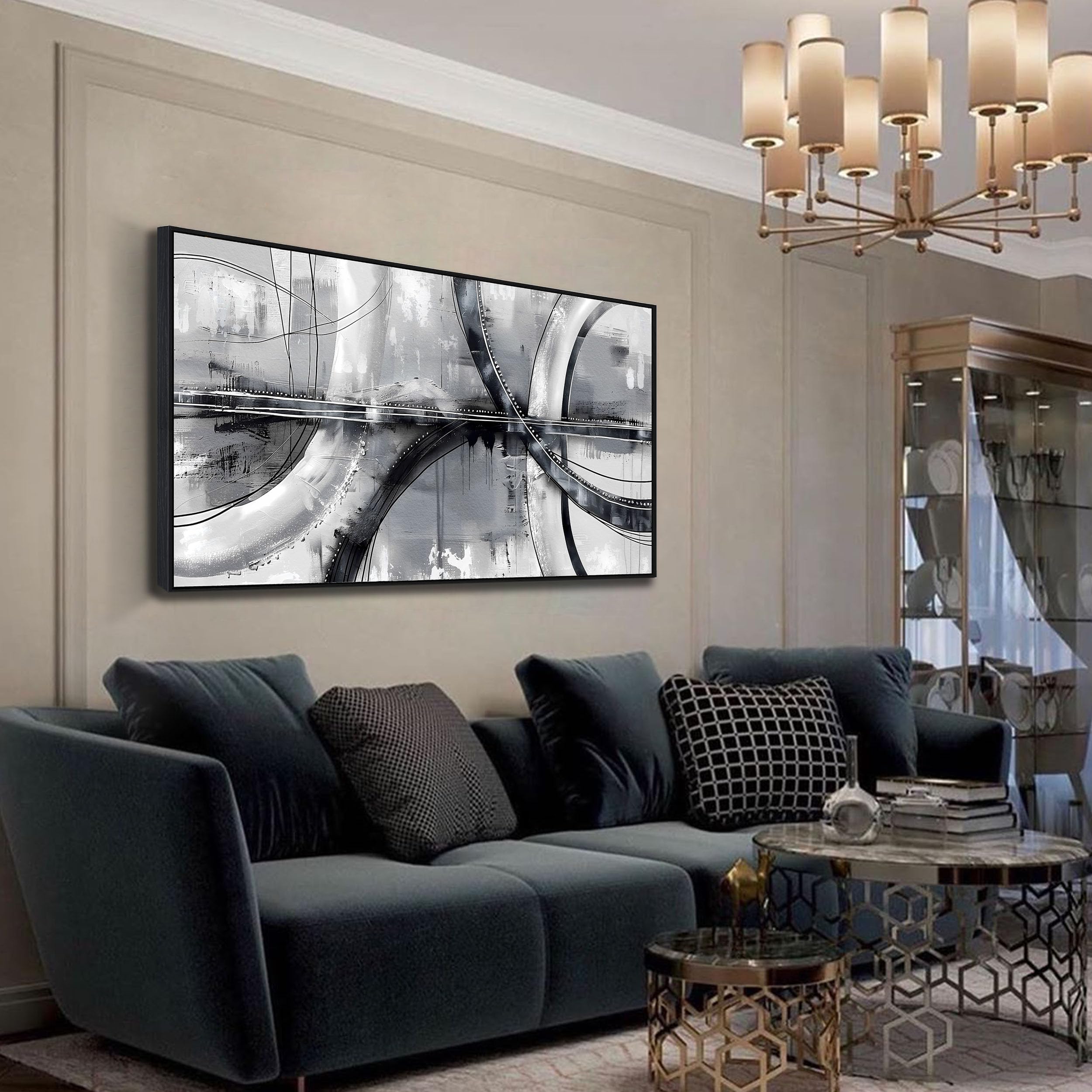 Abstract Black and White Framed Wall Art - Modern Grey Painting for Bedroom, Living Room & Office Decor - 24x48 Inch Canvas Artwork - Perfect for Gallery Walls & Home Interior Design