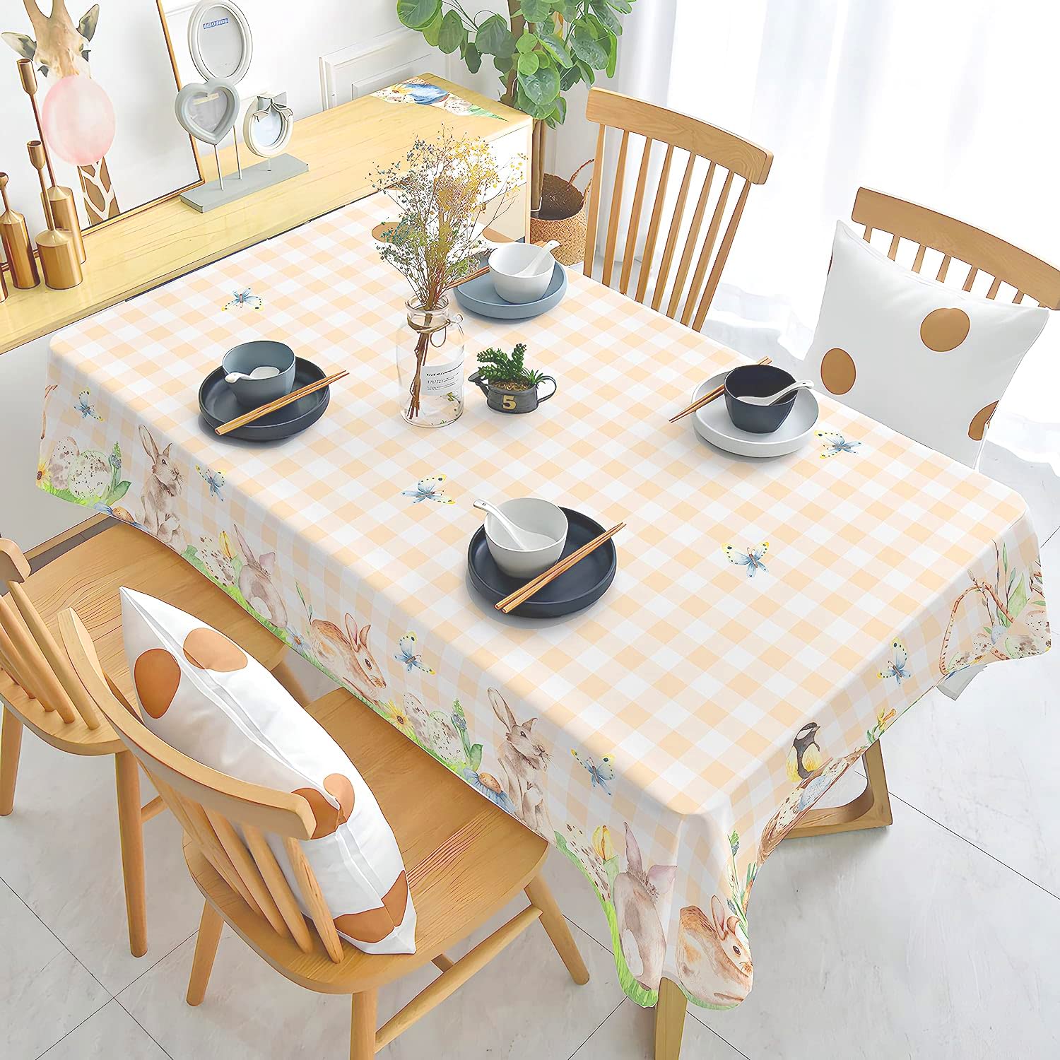 Easter Tablecloth Rectangle 60 x 84 Inch - Cute Bunny with Colorful Eggs Design - Waterproof Holiday Spring Table Decor for Indoor/Outdoor Dining, Parties & Picnics