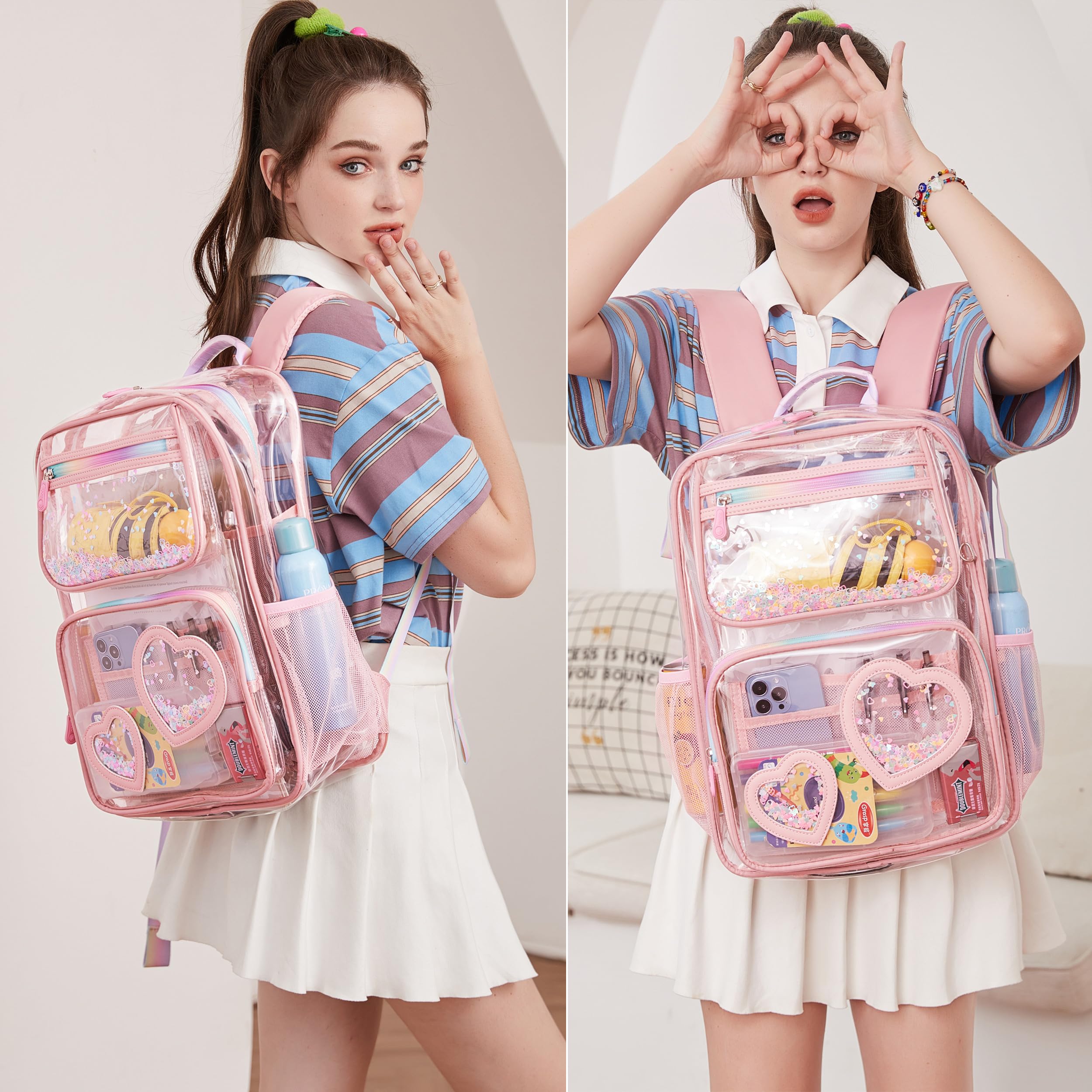 Clear Backpack for School & Travel - Transparent Stadium Approved Bookbag for Girls, Kids, Women & Teens | Pink See-Through Daypack for Elementary, Middle & College Students | Fits Laptops & Essentials (Perfect for School, Work, Travel & Stadium Events)
