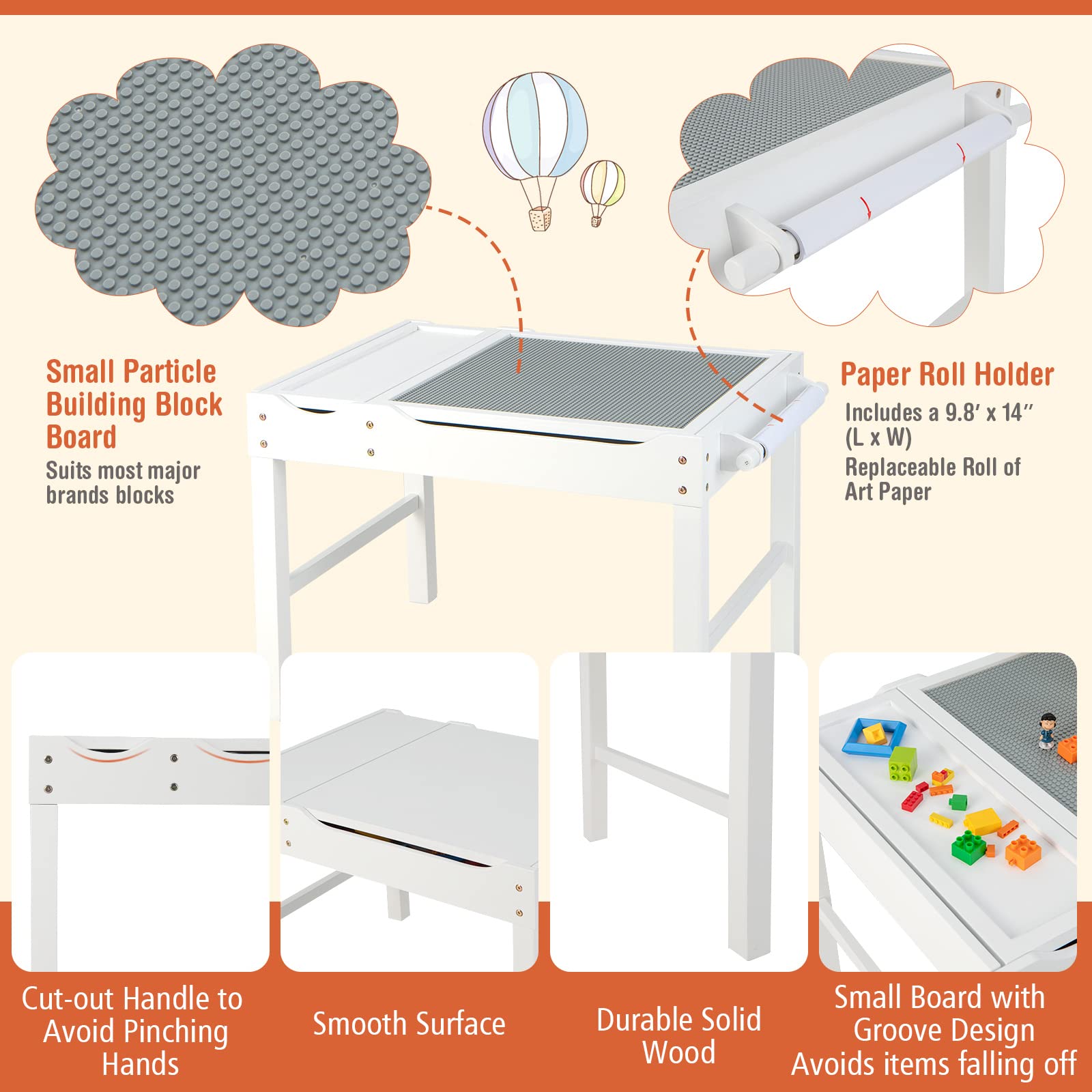 Costzon Kids Activity Table - 3-in-1 Wooden Building Block Desk with Storage, Paper Roll & Reversible Top for Toddlers | Arts & Crafts, Drawing, Reading & Play | Perfect Gift for Boys & Girls (White) - Ideal for Preschool Learning, Creative Play & Home Classroom Activities