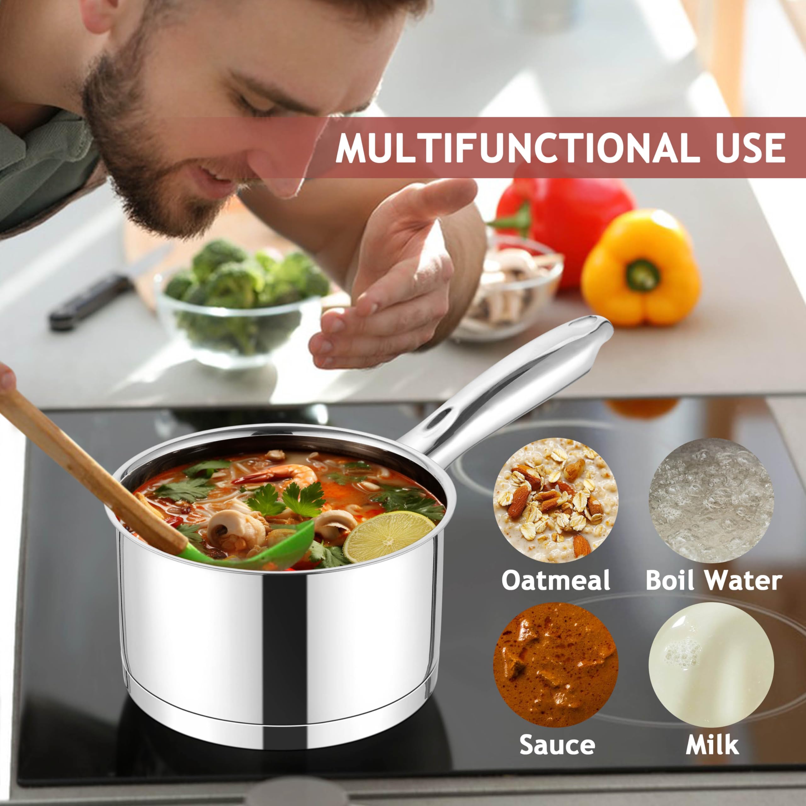 1 Quart Stainless Steel Saucepan with Lid - Small Cooking Pot for Boiling, Simmering & Saucing - Compatible with All Stoves (Gas, Electric, Induction) - Oven & Dishwasher Safe - Healthy Non-Toxic Kitchen Essential for Home Cooking, Meal Prep & Small Batch Recipes