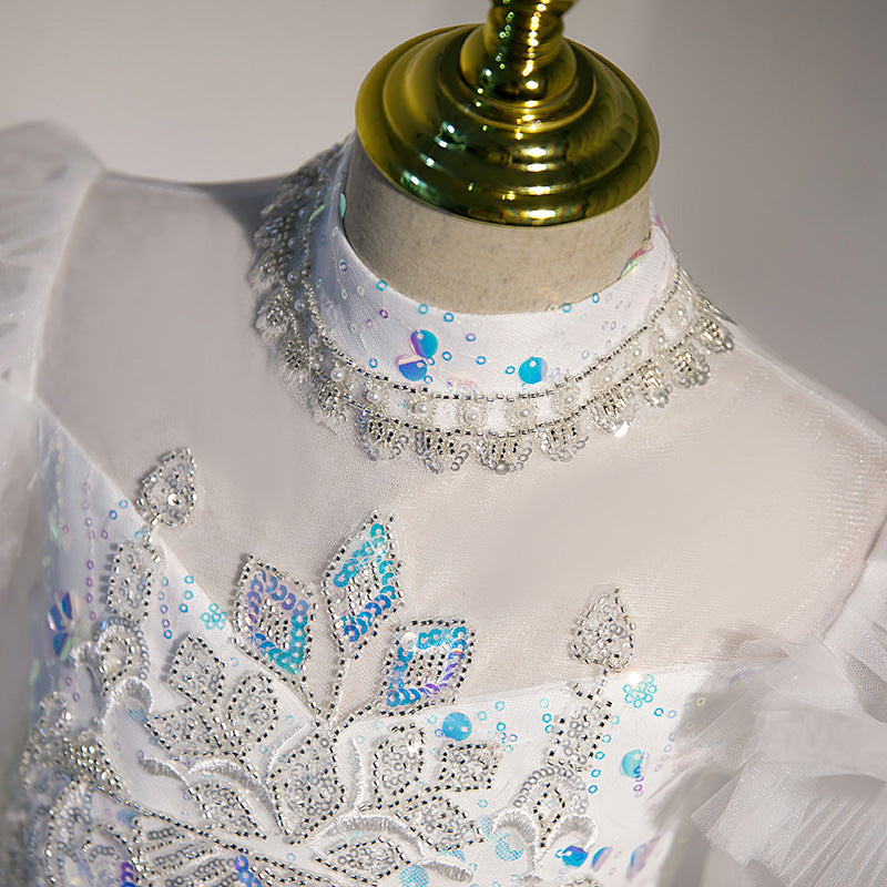 Elegant White Sequined A-Line Flower Girl Dress with Puff Long Sleeves – Perfect for Weddings, Pageants & Special Occasions