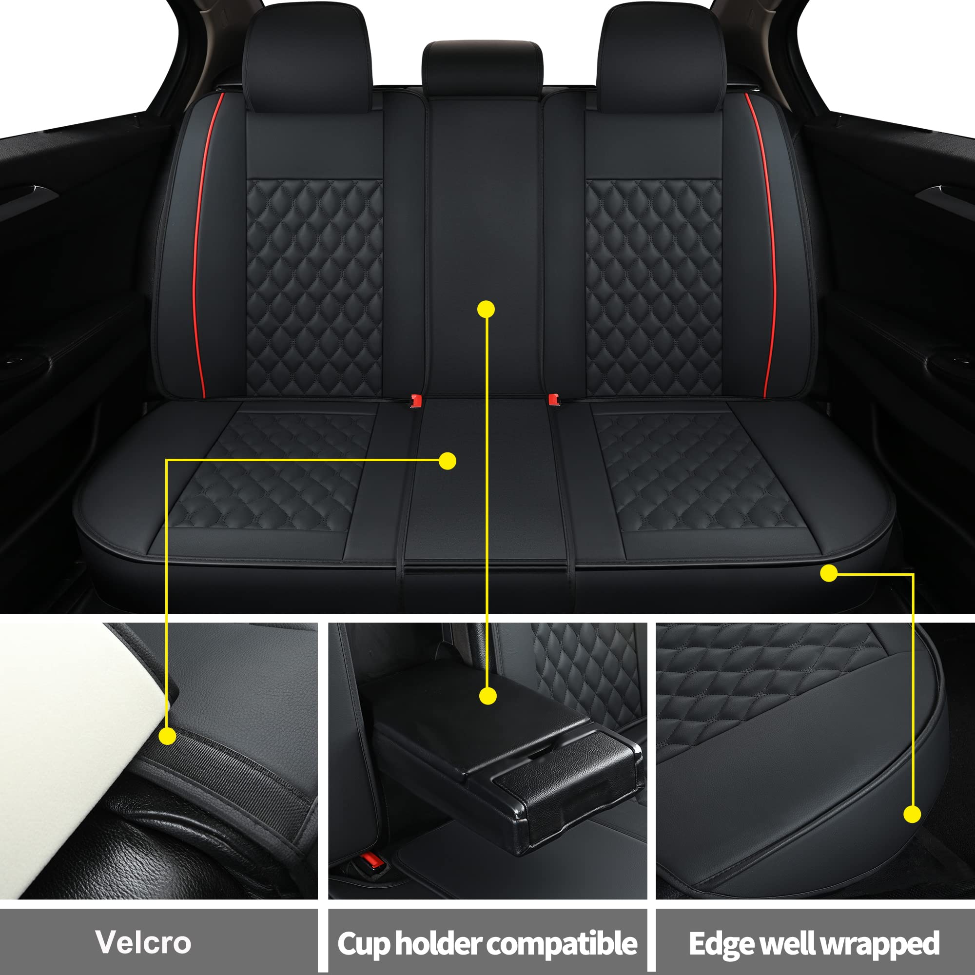 Universal Car Seat Covers Full Set - Faux Leather Auto Cushion for Most Cars, SUVs, Sedans & Trucks (5-Passenger, Black/Red) | Perfect for Road Trips, Daily Commutes & Family Protection