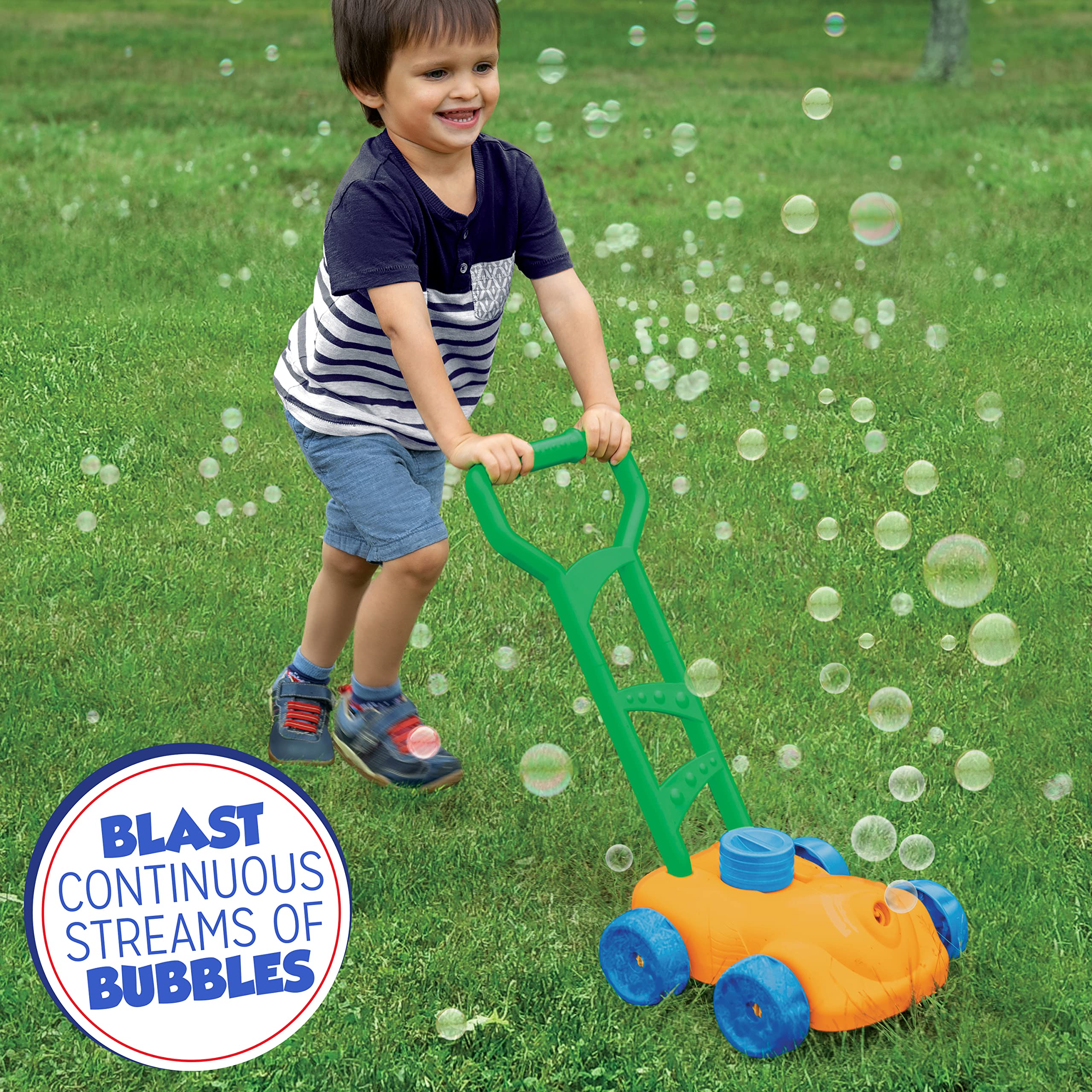 Fubbles No Spill Bubble Lawn Mower for Toddlers - Automatic Bubble Blower Machine with 4oz Non-Toxic Refill Solution - Outdoor Bubble Toy for Kids (Orange) - Perfect for Backyard Play, Birthday Parties & Summer Fun