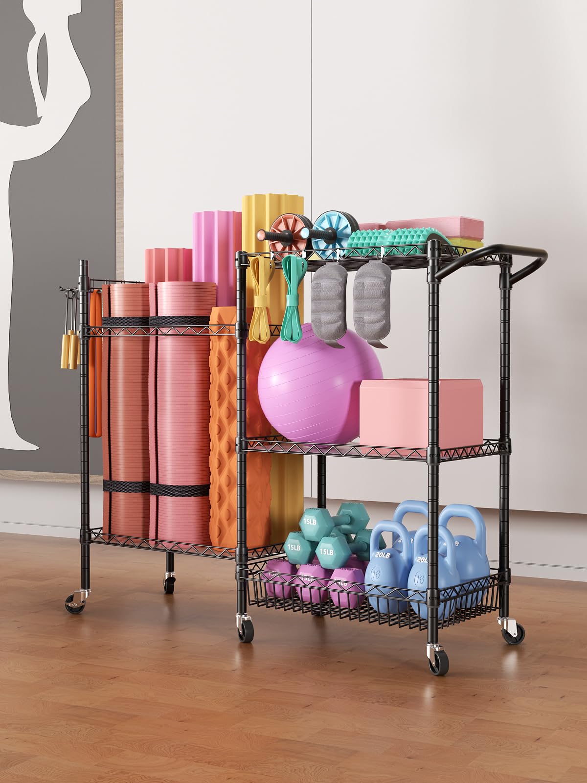 SINGAYE Dumbbell Rack Stand with Yoga Mat Storage - Heavy Duty Gym Equipment Organizer Cart with Hooks & Wheels for Home Gym, Workout Room & Fitness Studio - Black (Perfect for Dumbbell Storage & Yoga Mat Organization)