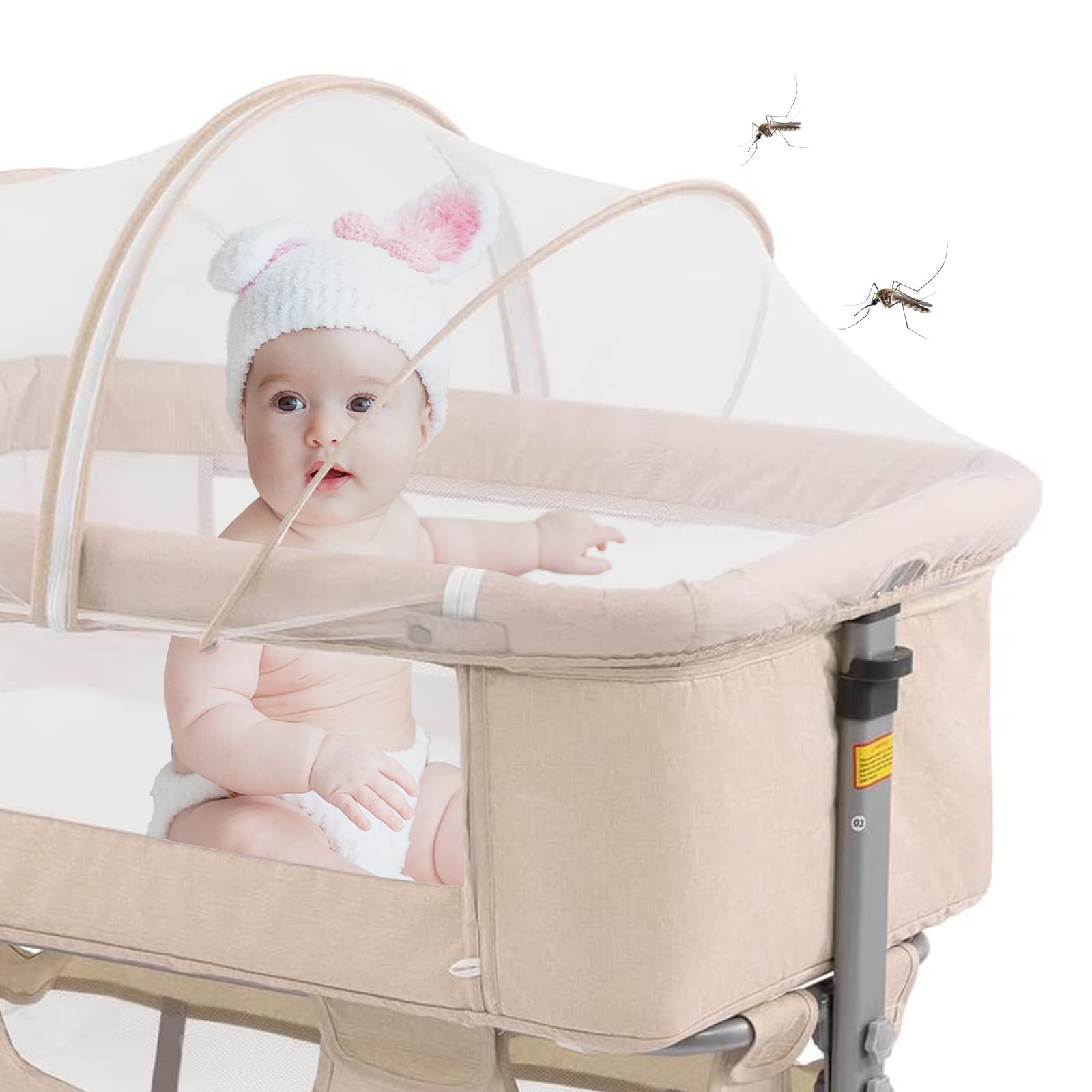 3-in-1 Portable Adjustable Bedside Crib for Newborn Baby - Convertible Bassinet with Mosquito Net for Girls & Boys - Deep Khaki - Perfect for Nursery, Bedroom & Travel