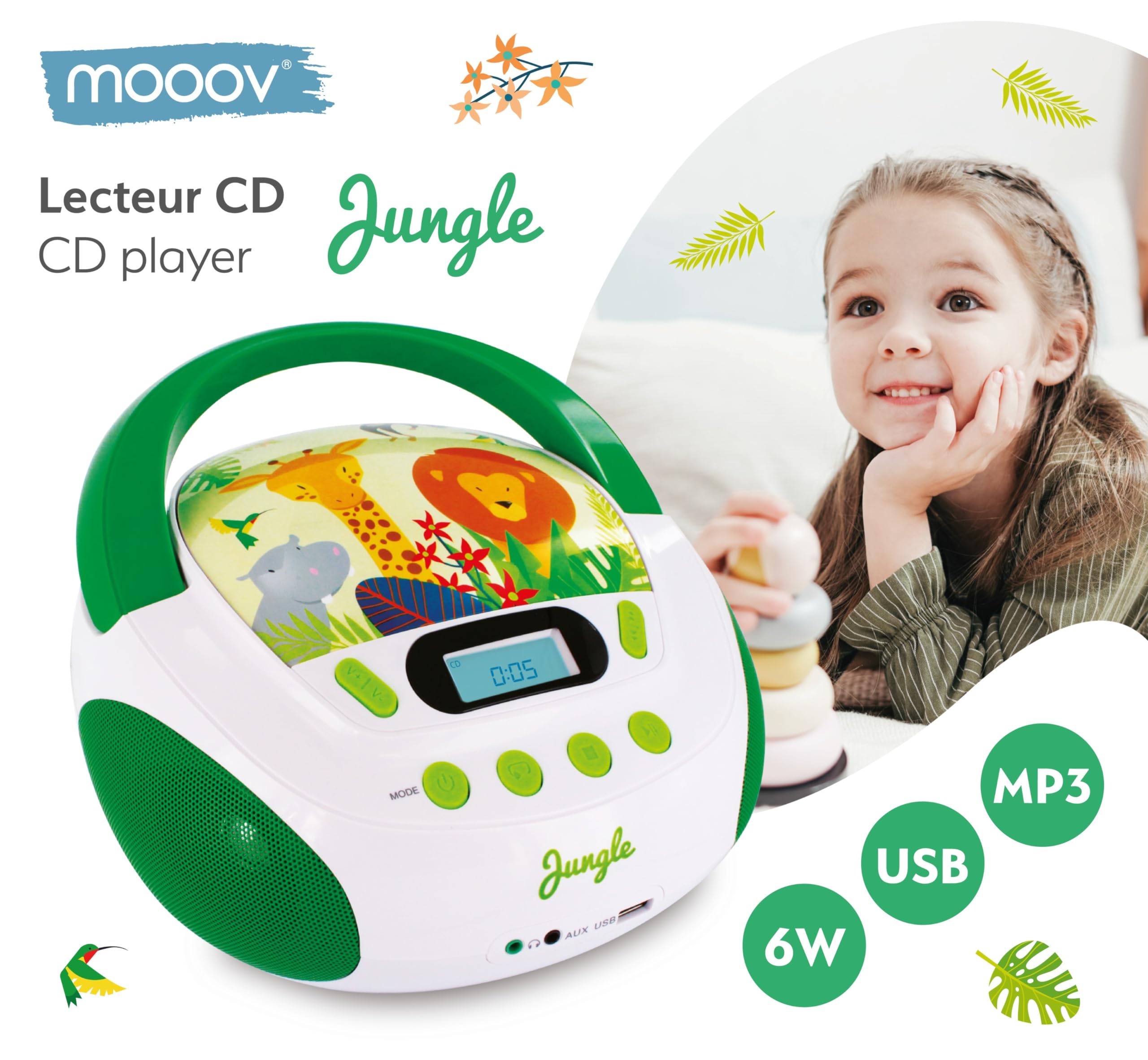 MOOOV Jungle Kids CD Player with USB & AUX-in Port - Green & White (Model 477144) - Perfect for Bedroom, Playroom & Travel Entertainment