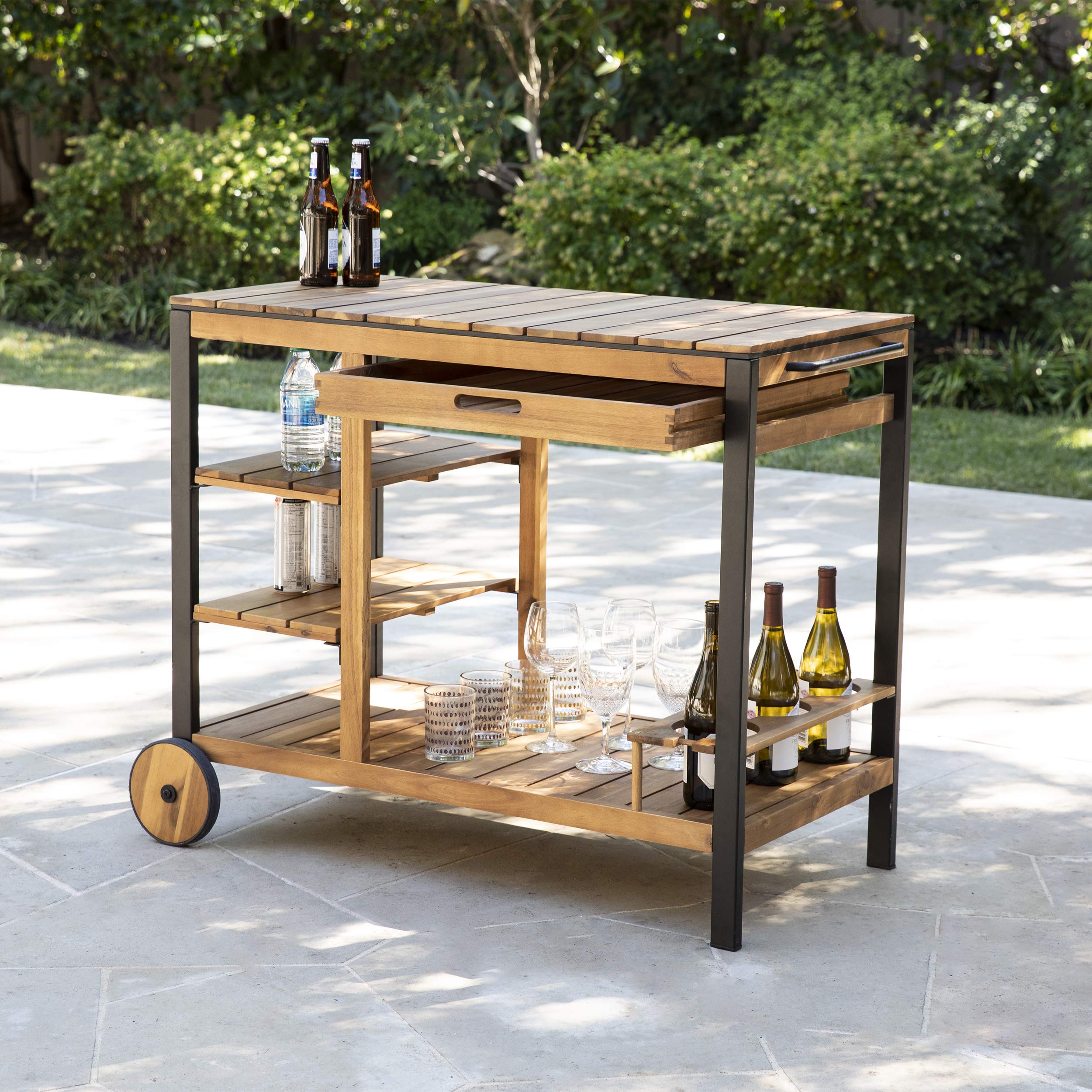 SEI Furniture Murcott Outdoor Bar Cart - Natural Wood Rolling Drink Cart with Wheels for Patio, Garden, Poolside & Backyard Entertaining