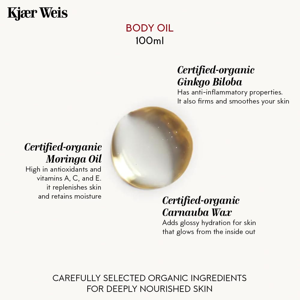 Kjaer Weis Organic Body Oil Refill - Fast Absorbing Moisturizer for Dry Skin | Certified Organic & Cruelty Free Skincare | Luxury Beauty Product for Women (100ml) - Perfect for Daily Hydration, Post-Shower Care & Spa Nights