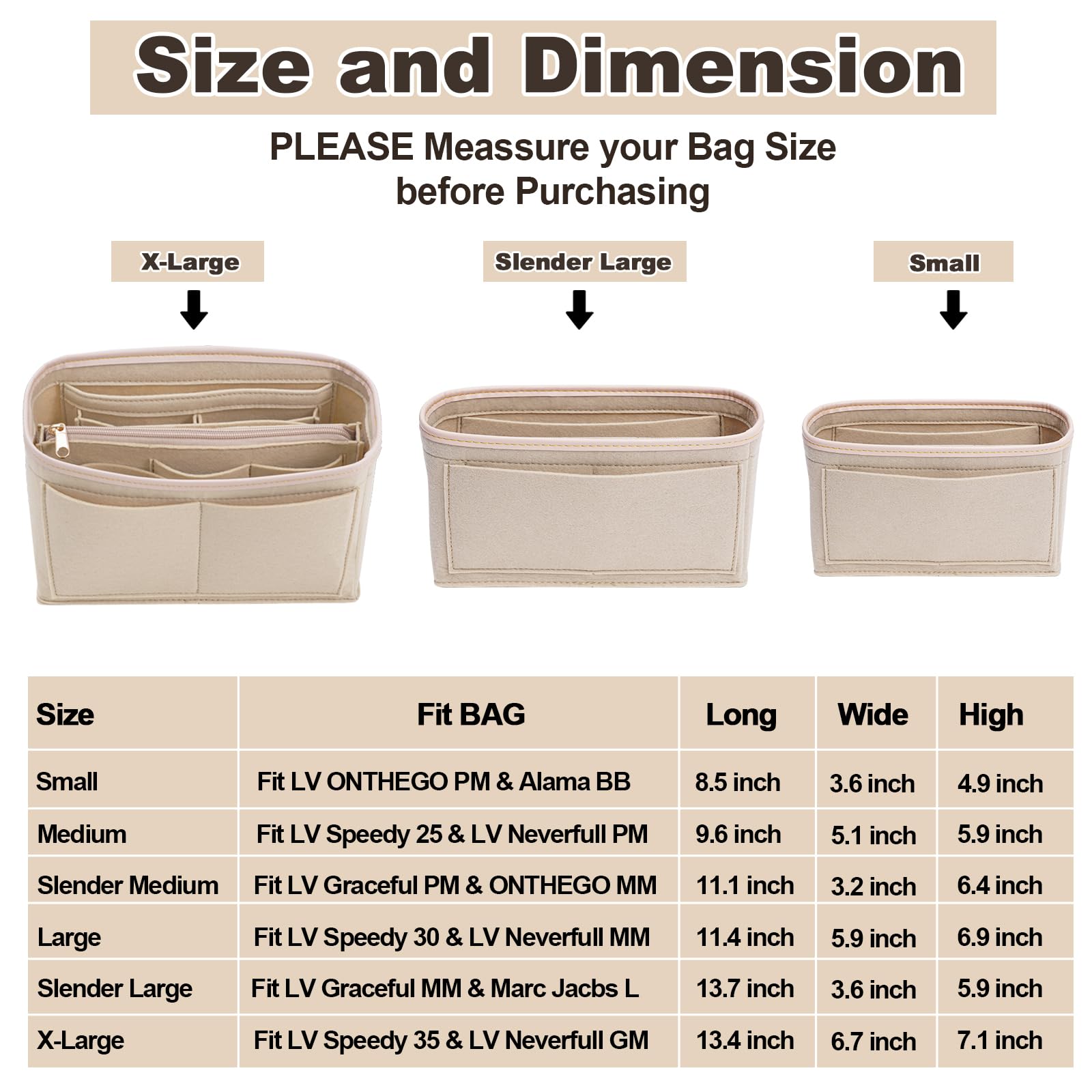 Premium Felt Purse Organizer Insert with Metal Zipper - 6 Sizes for Tote Bags, Compatible with Neverfull, Speedy & More | Perfect for Travel, Work & Daily Organization