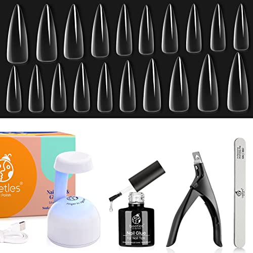 Beetles Gel Nail Kit - 5 in 1 Nail Extension Set with UV/LED Lamp, Pre-Shaped Stiletto Tips, Base Coat & Nail Clipper | DIY Acrylic Nail Art Kit for Salon-Quality Manicures at Home | Perfect for Parties, Weddings & Special Occasions