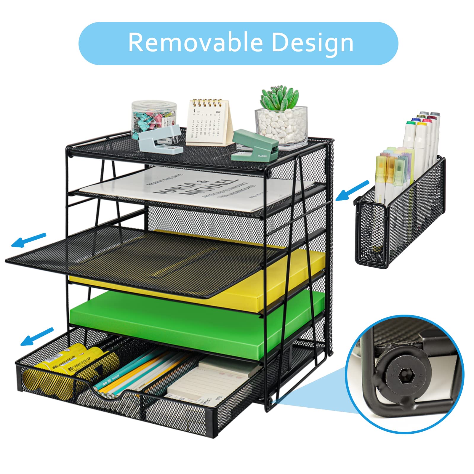 GALASALA 5-Tier Mesh Desk Organizer with Pen Holder & Drawer - Black Office Paper Letter Tray for File Organization | Perfect for School, Home & Office Workspace Accessories