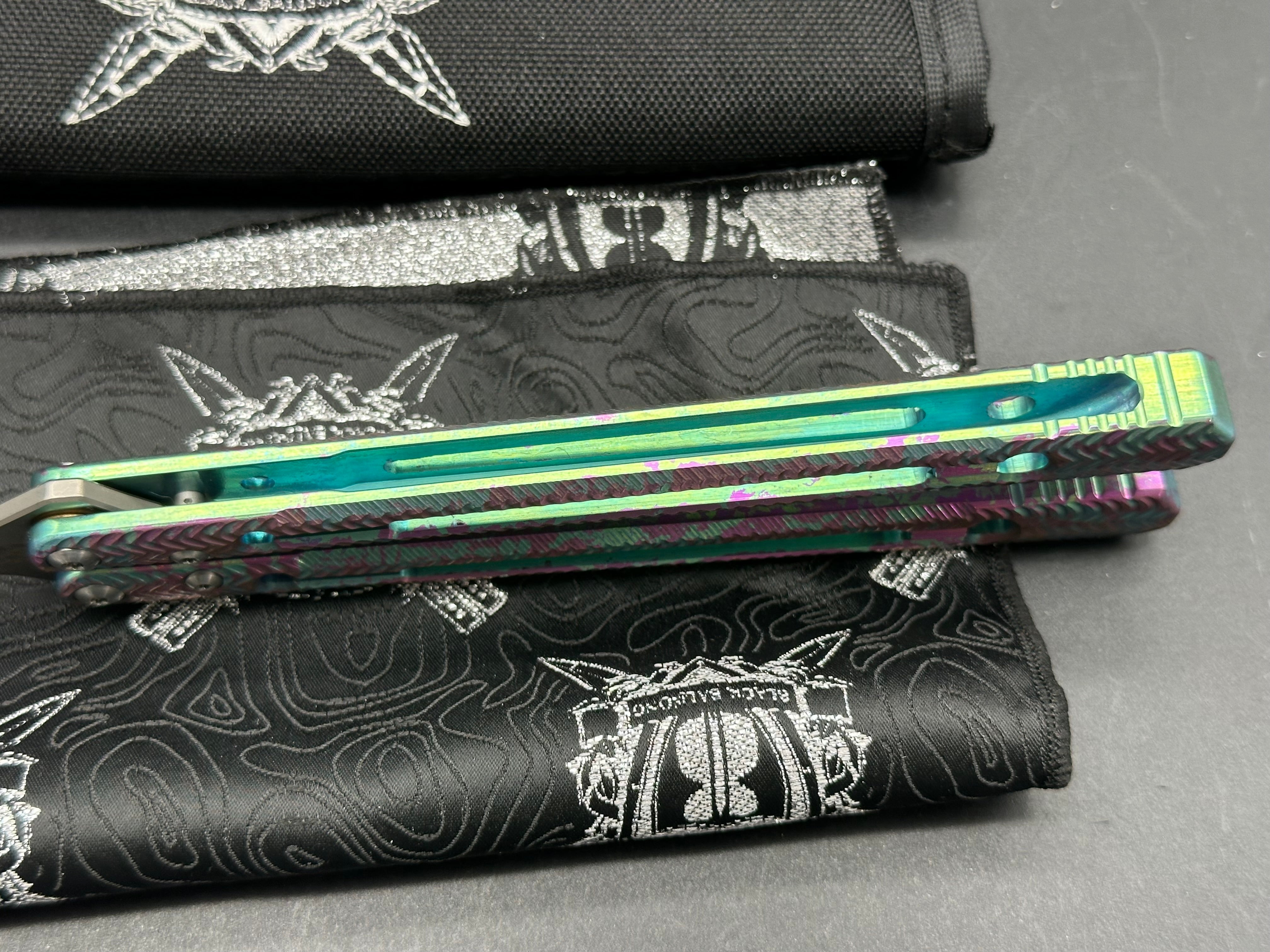 Black Balisong Reaper V2 Butterfly Knife - Spot Anodized Milled Titanium Channel Handles, Tanto Blade, Satin M390 Steel | EDC, Tactical Use & Collector's Item