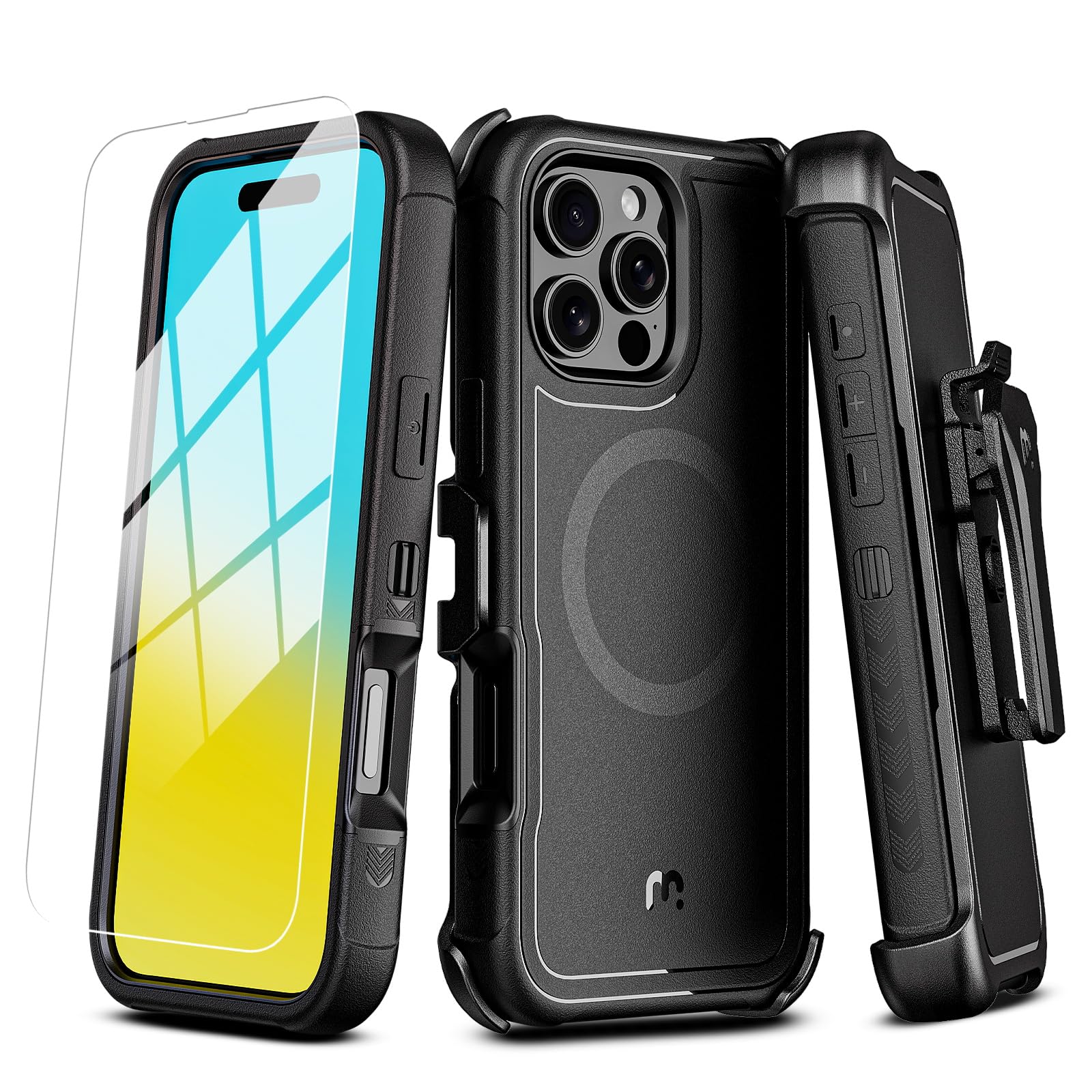 M MYBAT PRO Maverick Series iPhone 16 Pro 6.3 Case with Belt Clip Holster - Magsafe Compatible, Anti-Drop Shockproof Protection, Includes Screen Protector & 360° Rotating Kickstand (Black) - Perfect for Construction, Outdoor Work & Active Lifestyle