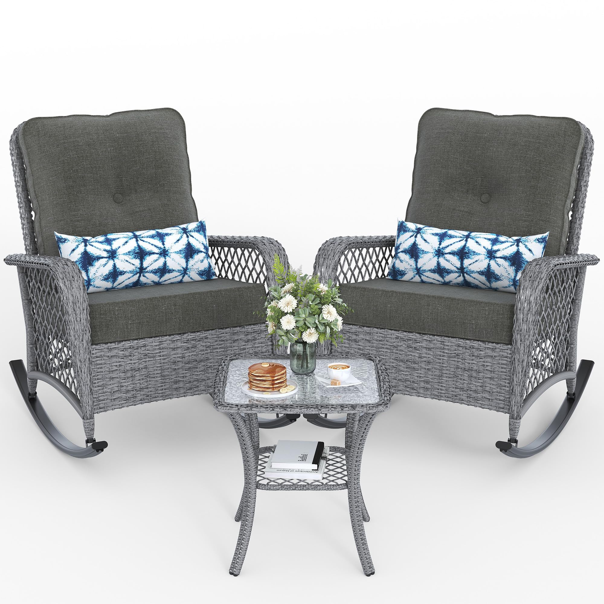 UDPATIO 3-Piece Wicker Outdoor Rocking Chair Set with 2 Rockers & Side Table - 4