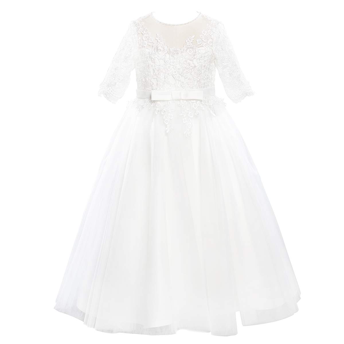 Ivory Lace Flower Girl Dress with Champagne Tulle - Short Sleeve Wedding, Christening & Communion Dress for Girls | Perfect for Bridal Party, Baptism & Special Occasions