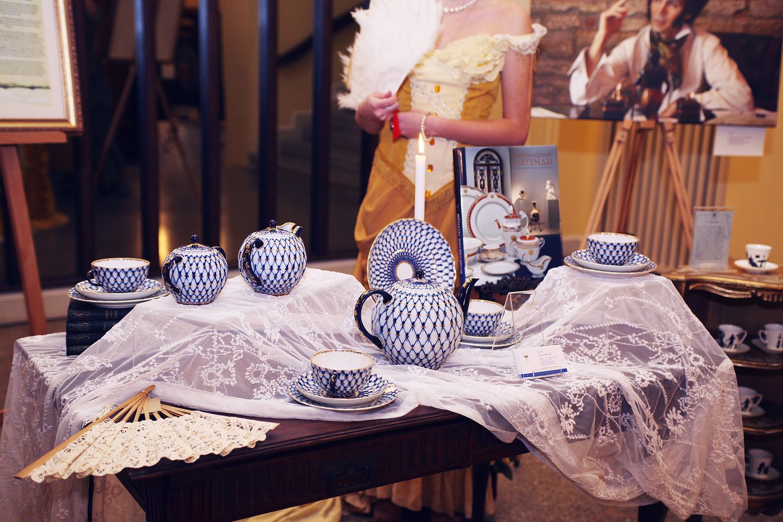 Lomonosov Porcelain Coffee Cup and Saucer Set - Hand-Painted Tulip & Cobalt Net Design - Elegant Tea & Espresso Cup for Home, Cafe, or Gift