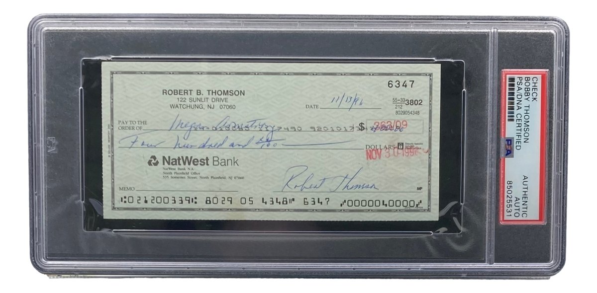 Authentic Bobby Thomson New York Giants Signed Bank Check with PSA/DNA Certification #85025531 - Perfect for Sports Memorabilia Collectors and Baseball Fans