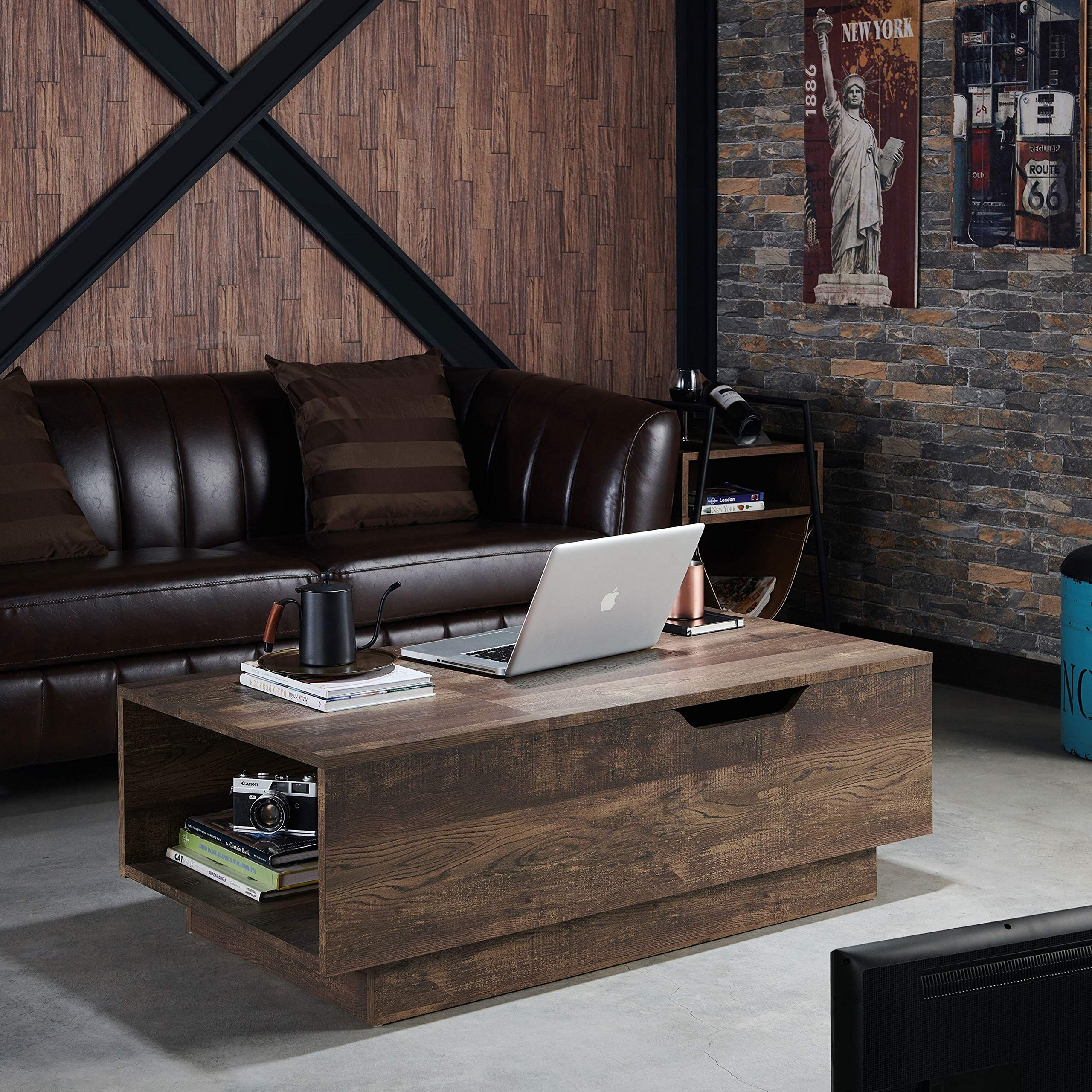Rustic Reclaimed Oak Distressed Lift Top Coffee Table - Brown Modern Farmhouse Style with MDF Veneer Wood Finish | Perfect for Living Room, Lounge & Home Office