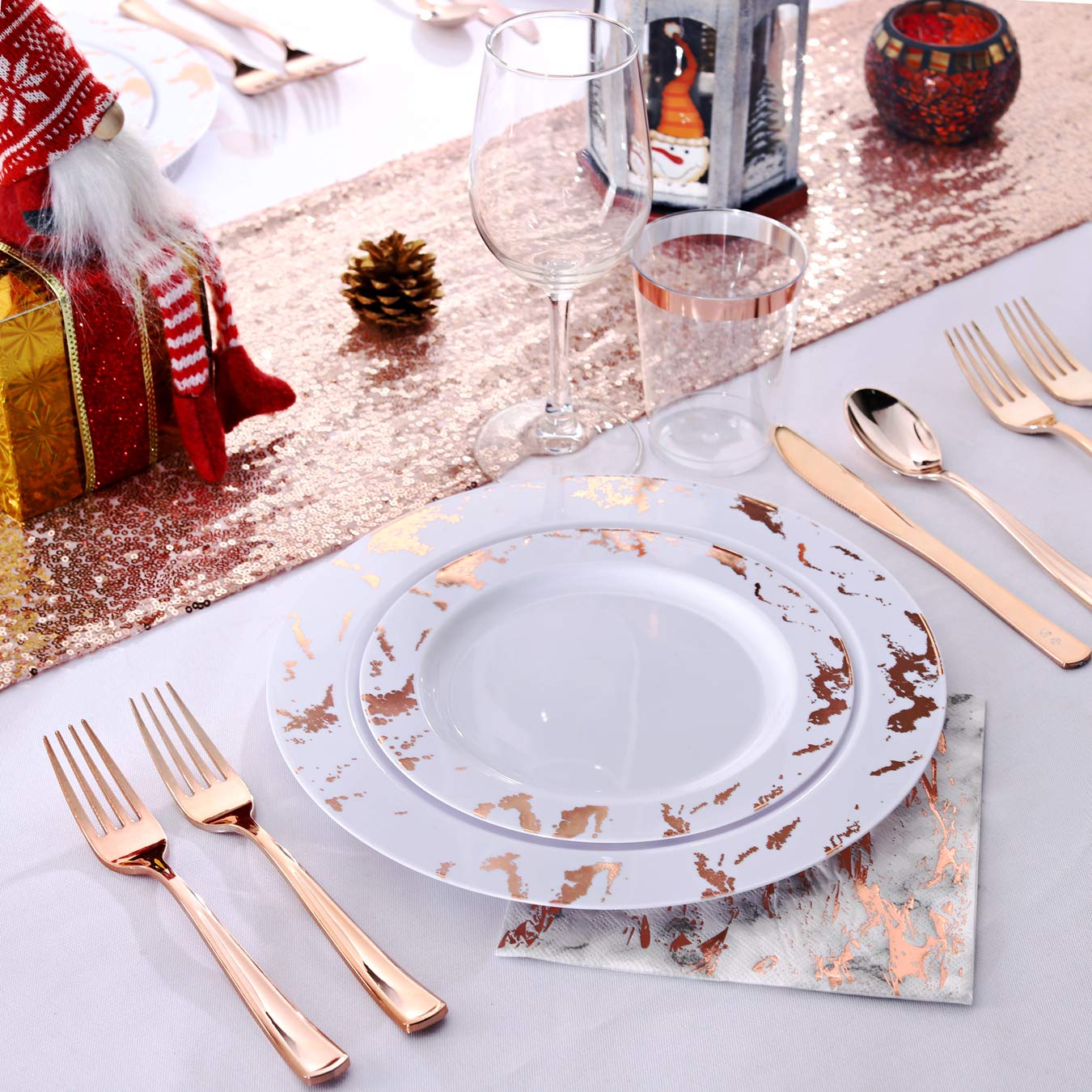 175-Piece Rose Gold Plastic Dinnerware Set - Disposable Marble Plates, Cutlery & Cups for Wedding, Party & Events (25 Dinner Plates, 25 Dessert Plates, 25 Forks, 25 Knives, 25 Spoons, 25 Cups, 25 Napkins) - Elegant Table Setting for Bridal Showers, Baby Showers & Special Occasions