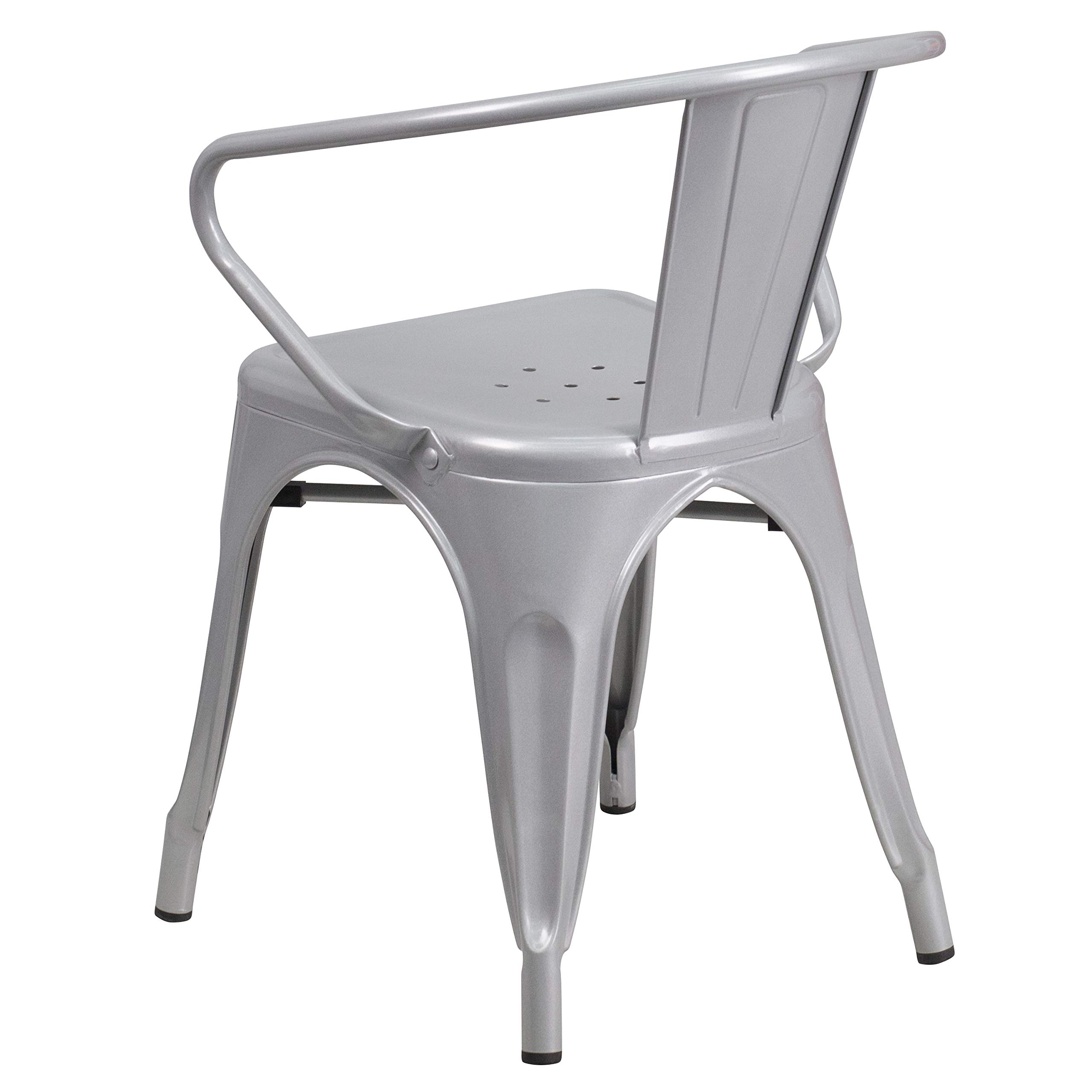 4 Pack Silver Metal Indoor-Outdoor Arm Chairs - Durable Restaurant & Cafe Furniture for Dining, Patio, Garden and Outdoor Seating