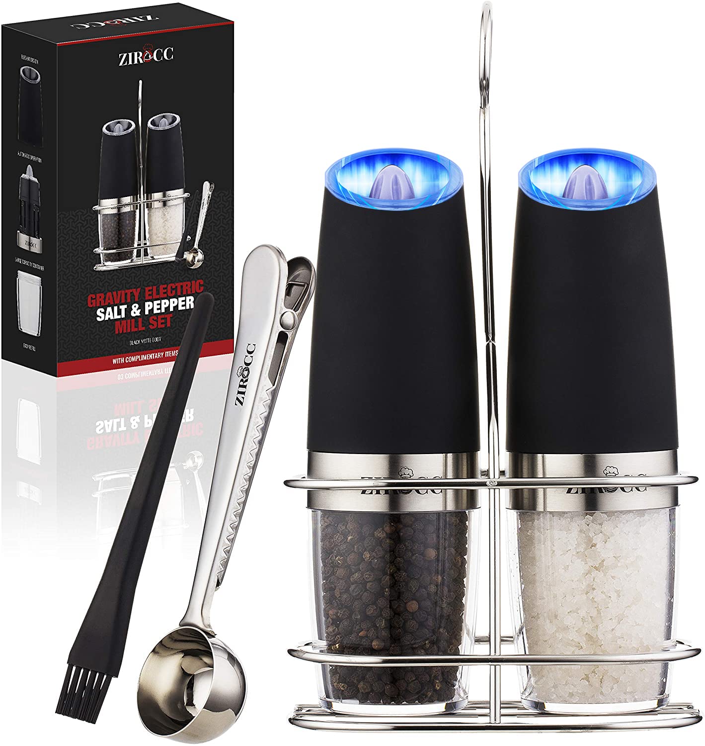 (2 Pack) Electric Salt and Pepper Grinder Set - Battery Operated, One-Hand Automatic Operation with Adjustable Coarseness & LED Light - Perfect Kitchen Gadgets for Cooking, Dining, and Gift Giving (Black)
