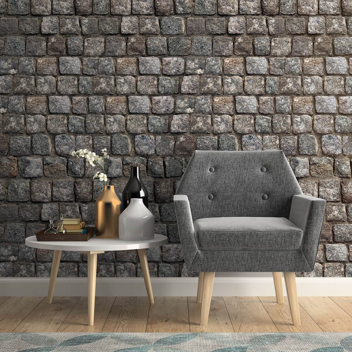 Brown & Grey Stone Peel and Stick Removable Wallpaper - Self-Adhesive Faux Stone Wall Covering for Bedroom, Living Room, Kitchen, Office Decor