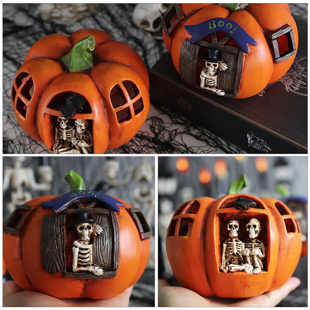2pcs Halloween Pumpkin Table Lamp - Resin Jack-o-Lantern Night Light with Skull Design for Party Decor, Home & Office Halloween Decoration - Perfect for Spooky Atmosphere, Dinner Table Centerpiece & Holiday Lighting