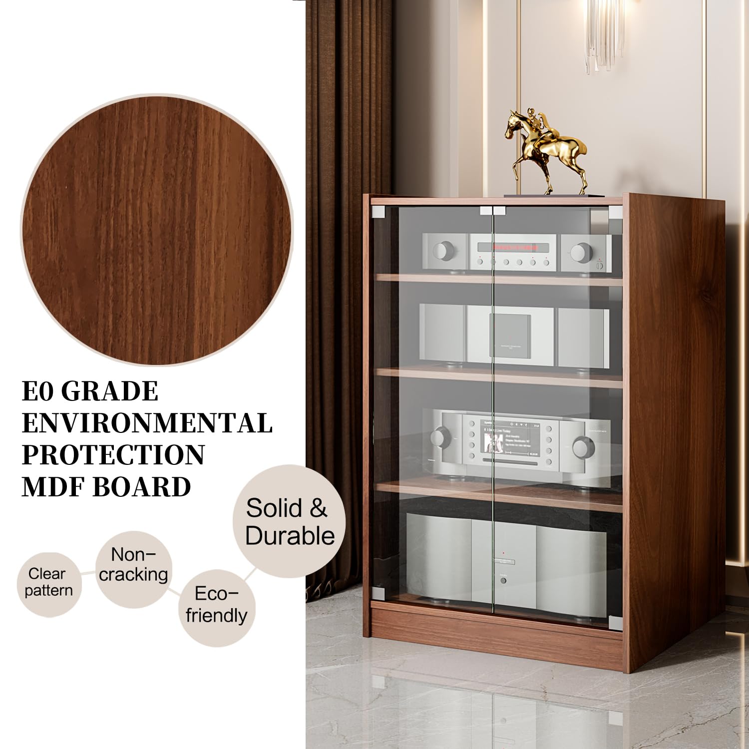 4-Tier Modern TV Stand with Glass Doors - Adjustable Height AV Media Cabinet for Entertainment Center, Stereo Components & Gaming Console Storage - Perfect for Living Room, Bedroom & Home Theater (Brown)