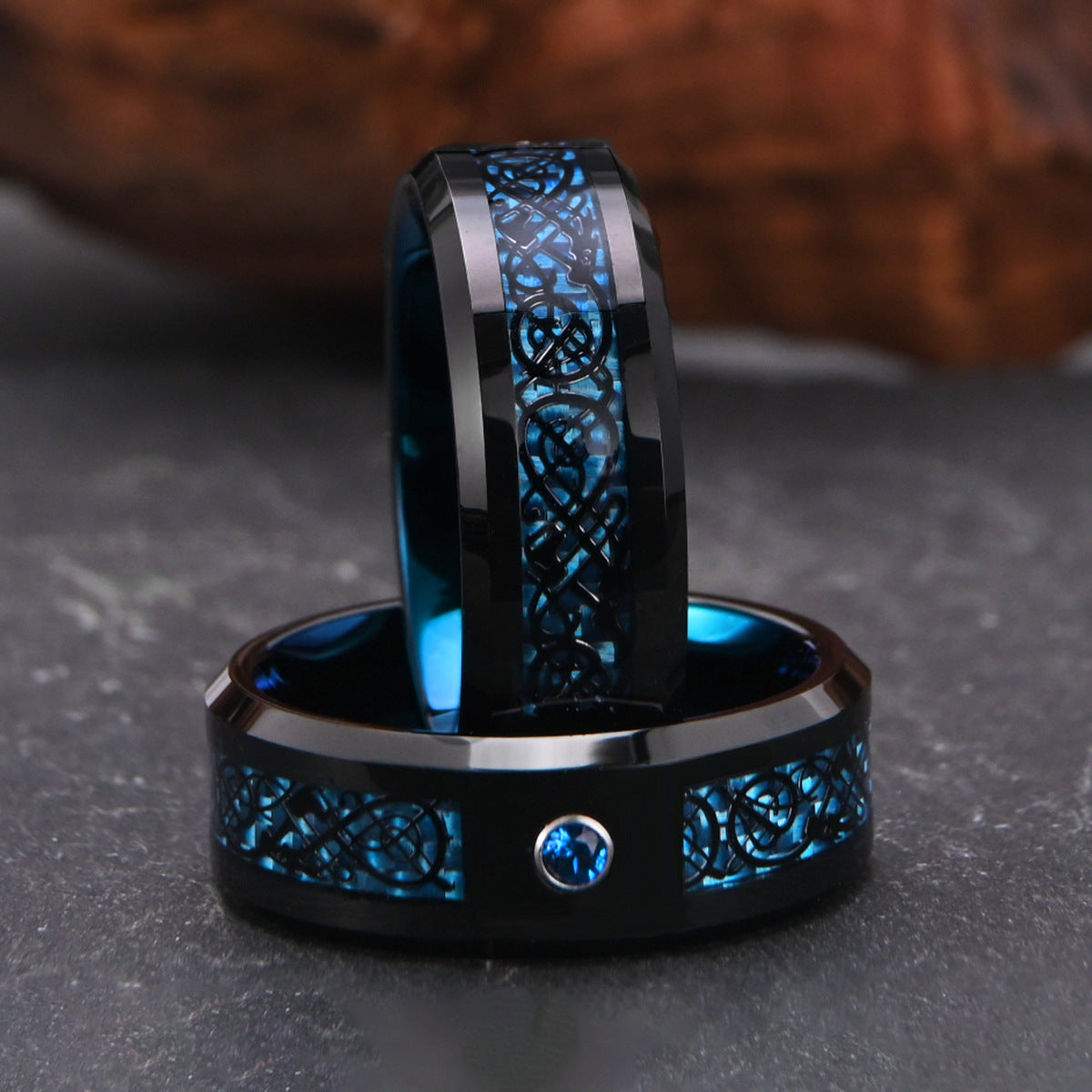 8mm Tungsten Gold Men's Wedding Band - Two Tone Tungsten Steel Ring with Blue Fiber Inlay, Black Dragon Slice & Blue Zircon - Perfect for Anniversary Gifts, Engagement Rings & Special Occasions