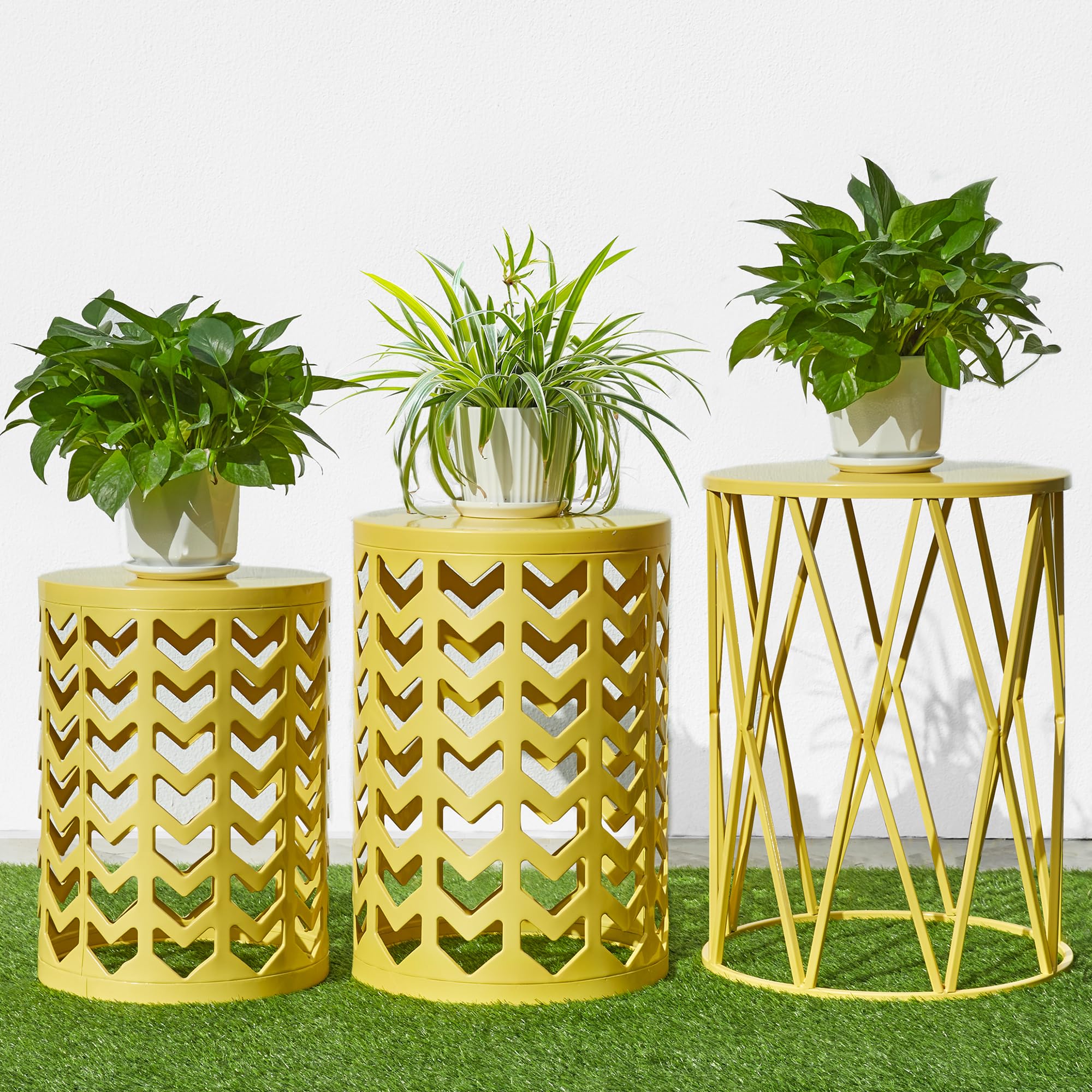 Y&M Set of 3 Nesting Round Metal Coffee Tables - Indoor Outdoor Side Tables, End Tables & Plant Stands - Heavy Duty Decorative Garden Stools (Yellow) | Perfect for Living Room, Patio, Balcony & Garden Decor (Ships from USA)