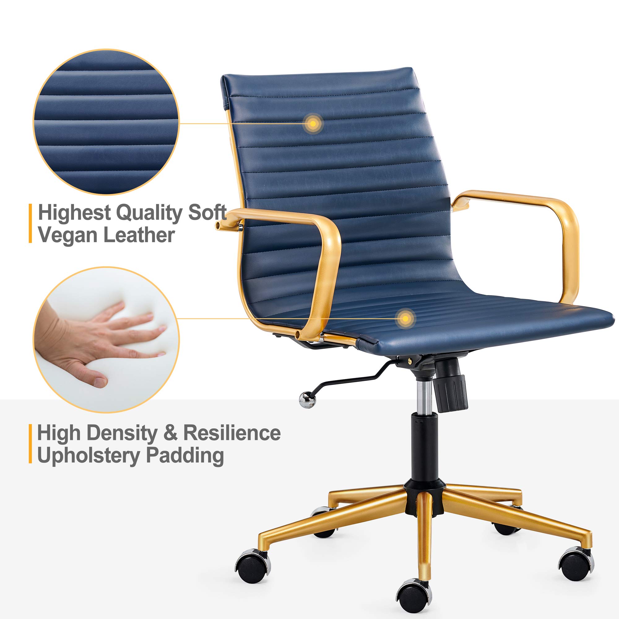 Premium Blue & Gold Leather Mid-Back Office Chair with Armrests - Ergonomic Executive Desk Chair for Back Support - Modern Swivel Chair for Home & Office Workspaces - Perfect for Professionals, Gamers & Remote Workers