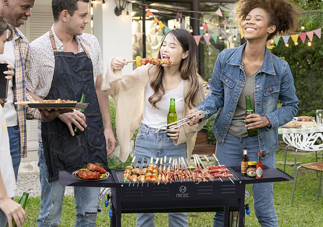 Portable Charcoal Grill for Camping - Folding BBQ Grill with Side Table, Storage Shelf & Carry Bag - Stainless Steel Hibachi Skewer Grill for Outdoor Cooking, Picnics, Backyard & Tailgating (Black)