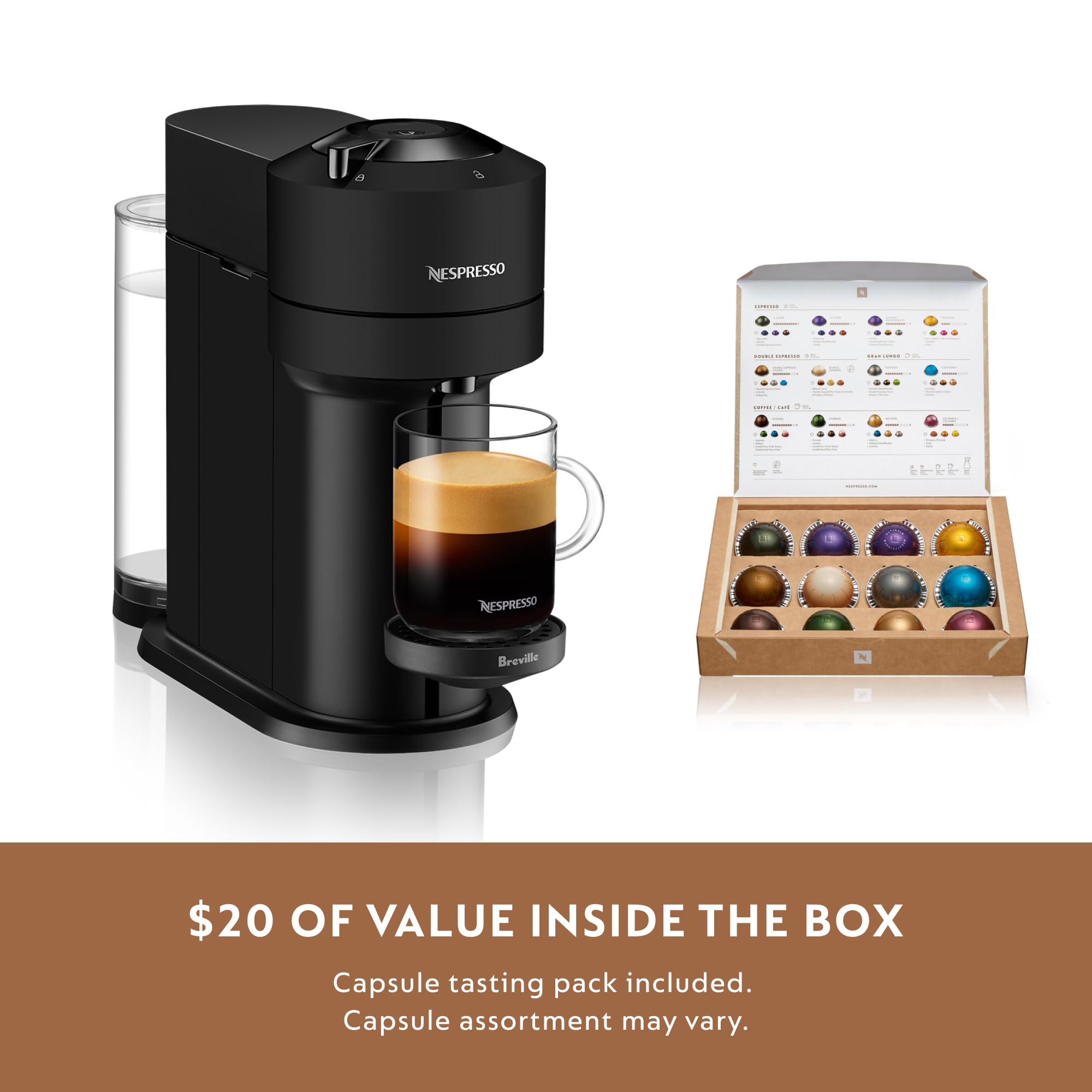 Nespresso Vertuo Next Coffee and Espresso Machine with Aeroccino Milk Frother by Breville - Matte Black | Single-Serve Pod Brewer for Home & Office Use